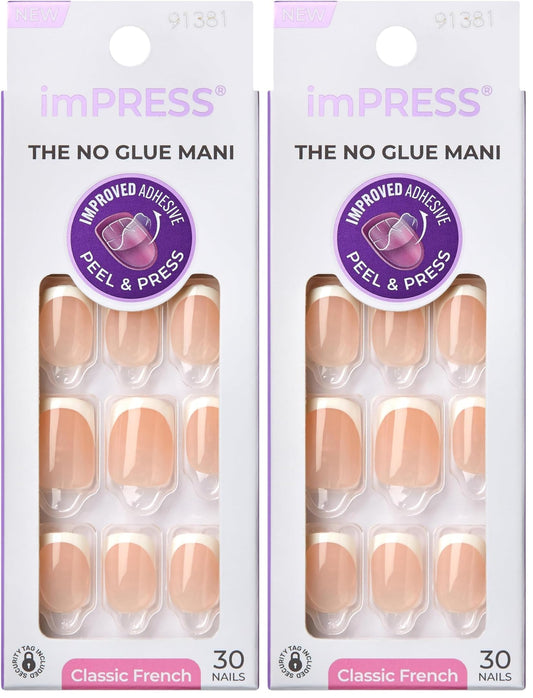 KISS imPRESS No Glue Mani Press On Nails,French,'Model',White,Short Size,Squoval Shape,Includes 30 Nails,Prep Pad,Instructions Sheet,1 Manicure Stick,1 Mini File,(Pack of 2)