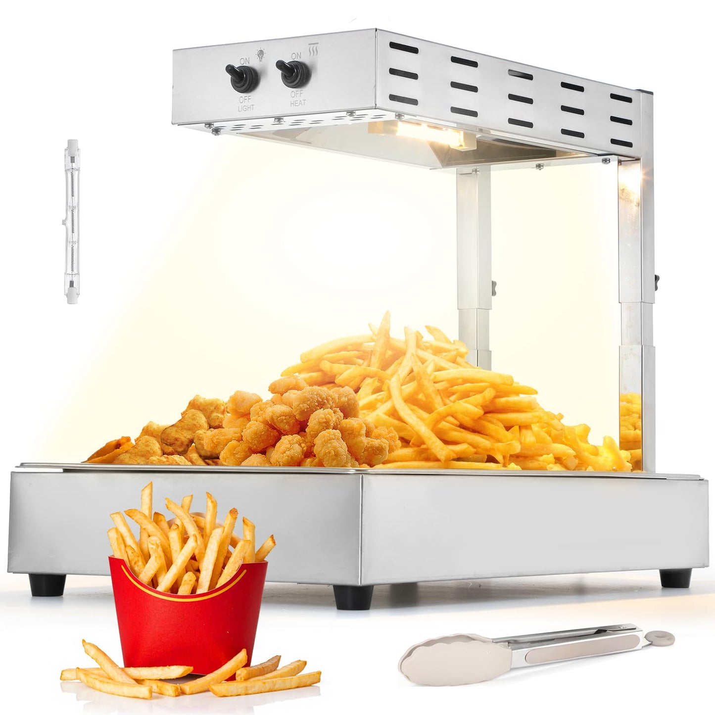 Dyna-Living French Fry Warmer - 3 Level Adjustable Height French Fry Warmer Commercial 10L Countertop French Fries Heat Lamp Commercial Food Heating Lamp for Food Truck Chips Buffet Restaurants 500W