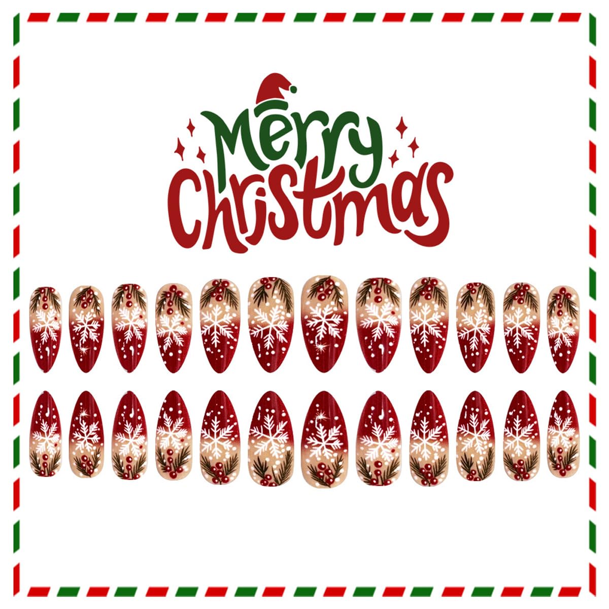 Red French Tip Christmas Press On Nails Medium Almond Fake Nails Snowflake With Holly Leaf Design Xmas False Nail Acrylic Glossy Reusable Stick On Nail Winter Glue On Nails For Women Girls 24pcs