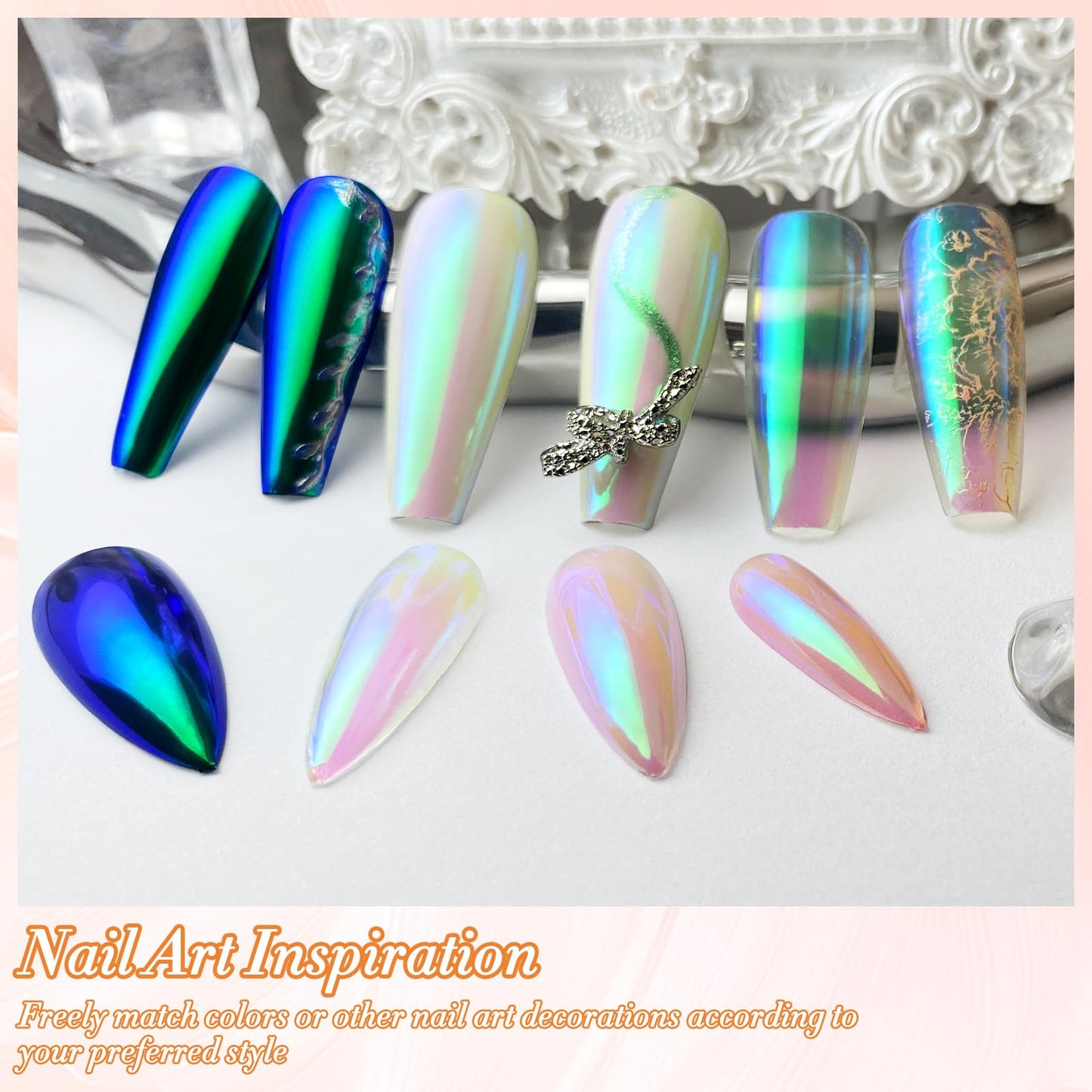 FNNZ Unicorn Chrome Nail Powder, Aurora Unichrome Mermaid Aurora Pigment Pearlescent Nail Art Glitter Dust Decoration for Home DIY Salon Manicure - Ocean Glimmer