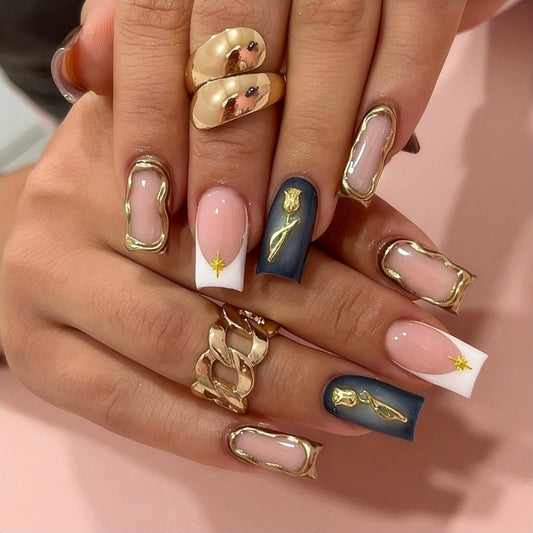 Rchovsam xl Square Press on Nails Long French Tip Fake Nails Gold Rose Designs Nails Press Ons White French Glue on Nail Acrylic Full Cover Gel False Nail Gift for Women 24pcs
