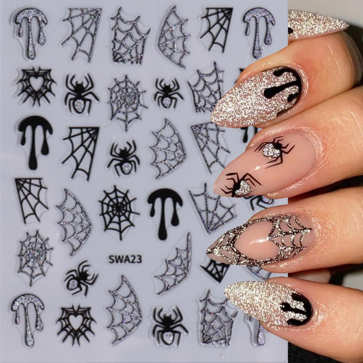 8 Sheets Halloween Nail Stickers Decals Gold Gloss Bat Nail Art Stickers Goth Nail Design Stickers Self-Adhesive Spider Web Spider Skeleton Nails Accessories for Women Nails Art Decorations Supplies