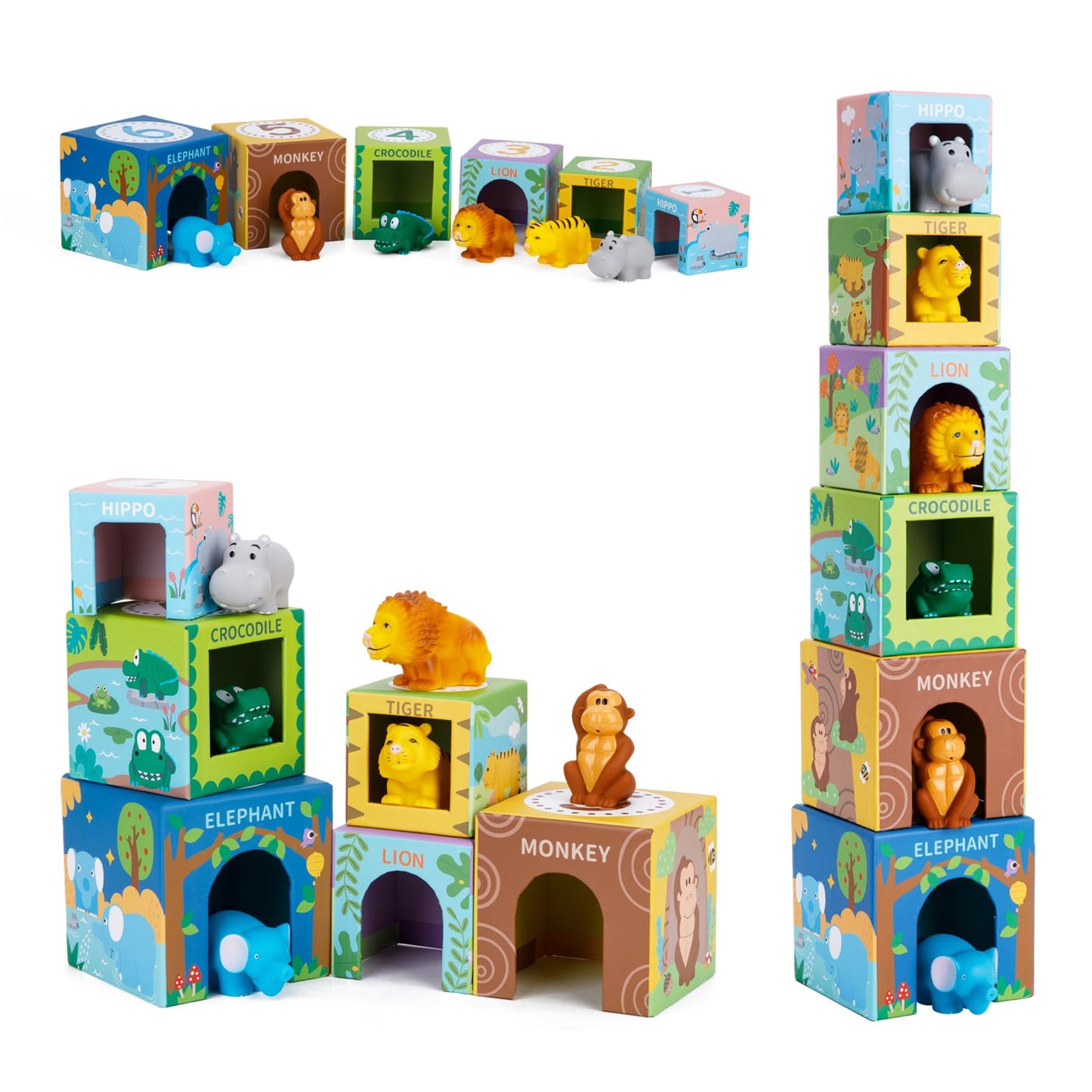 Sorting and Stacking Toys Blocks for Toddlers 1-3, Soft Safari Animal Bath Toys Age 2-4, Numbers Nesting Stackable Toys for Baby 12-18 Months, Montessori Toys Gifts for 1 2 3 Year Old Boys Girls
