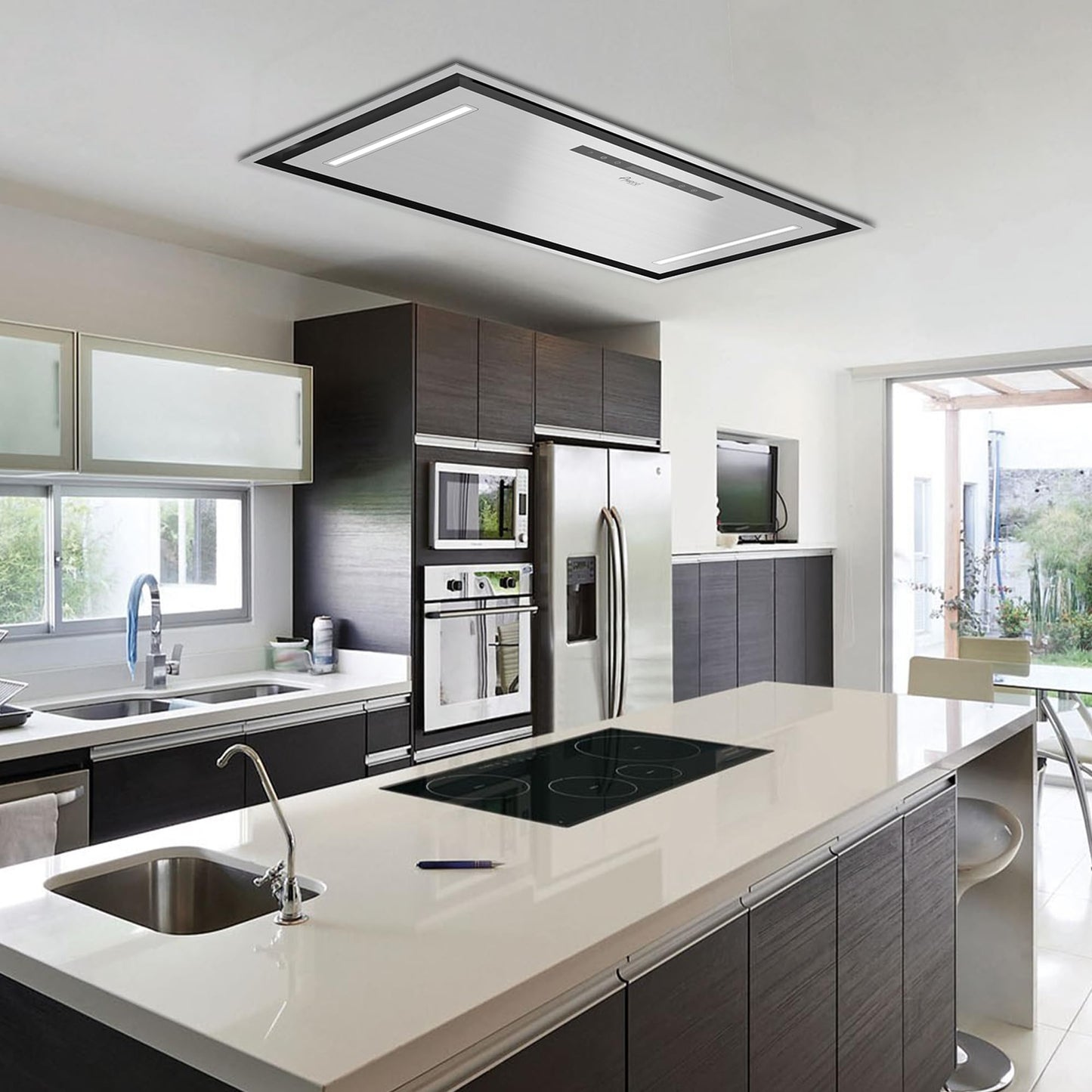 Awoco 30”W Flush Ceiling Mount Split Insert Range Hood, Stainless Steel 4 Speeds 1000 CFM, 8” Round Top Vent LED Lights Remote Control (30"W 19"D 8" Vent)
