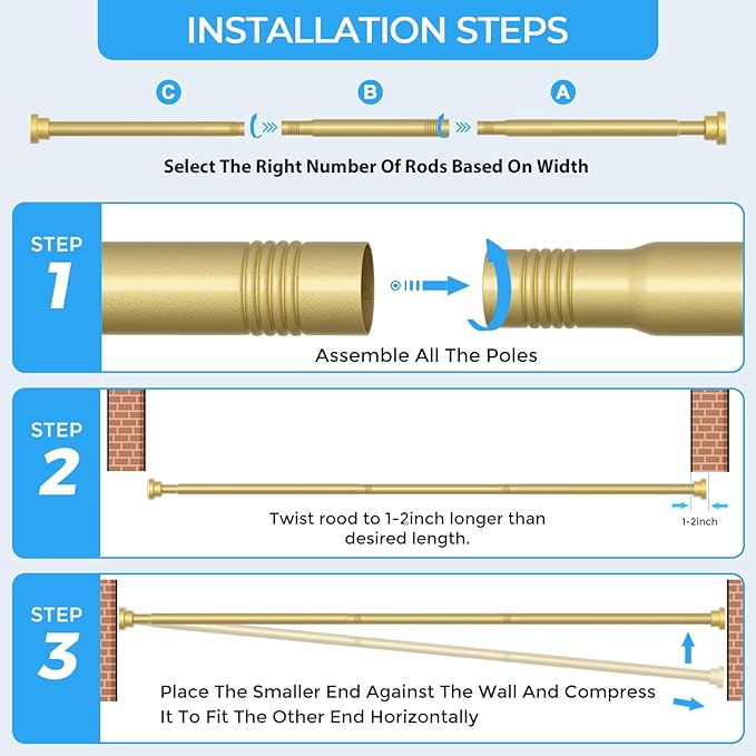 AIZESI Tension Curtain Rod 28 to 48 Inch Adjustable No Drilling 7/8" Diameter Gold Curtain Rod, Small Shower Curtain Rod for Woindow, Bathroom, Doorway, Closet, Kitchen