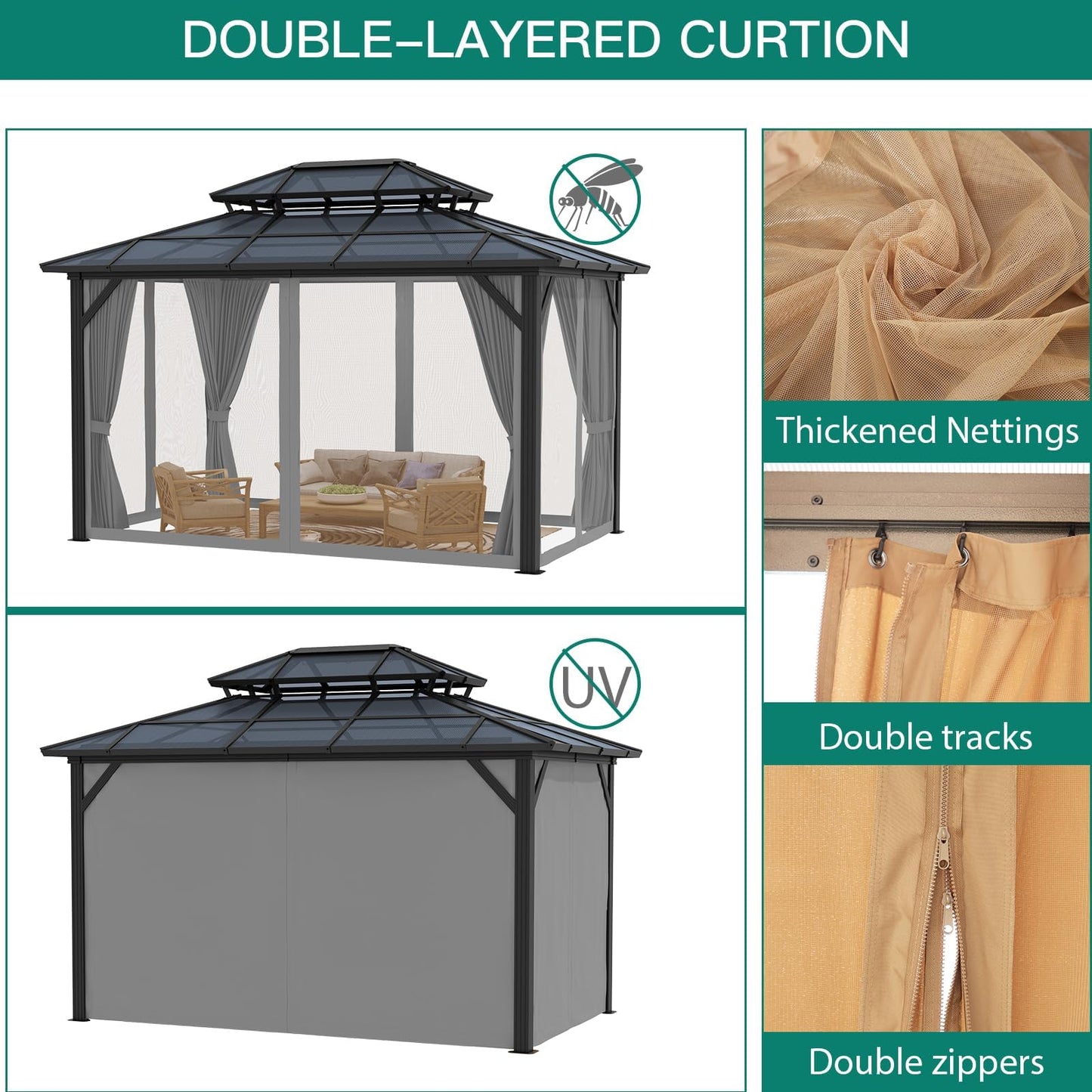 13'x10' Hardtop Gazebo, Heavy Duty Aluminum Permanent Hardtop Gazebo Outdoor Pavilion with Curtains and Netting for Garden (Gray, PC Top / 13'x10')