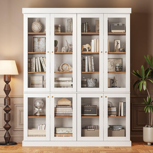 Myricore 70.8" Bookshelf with Glass Doors, Farmhouse Modular Bookcase with 6-Tier Adjustable Shelves, Large Storage Cabinet for Living Room & Home Office, Set of 2, White