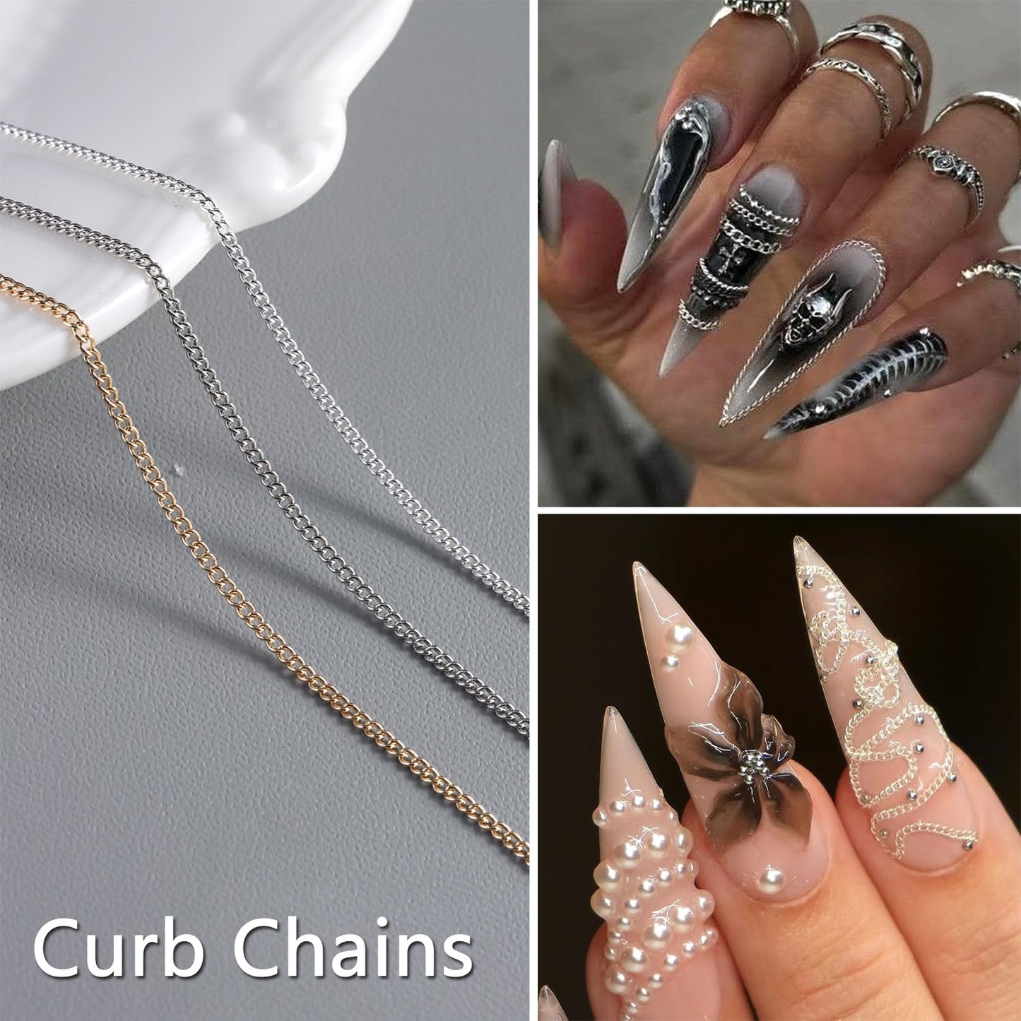 12 Strips Metal Chain Nail Art Charms, 3D Gold Silver Dark Gray Nail Chains Punk Alloy Nail Rivets Jewelry for Women Gothic Manicure Accessories DIY Crafts Decorations