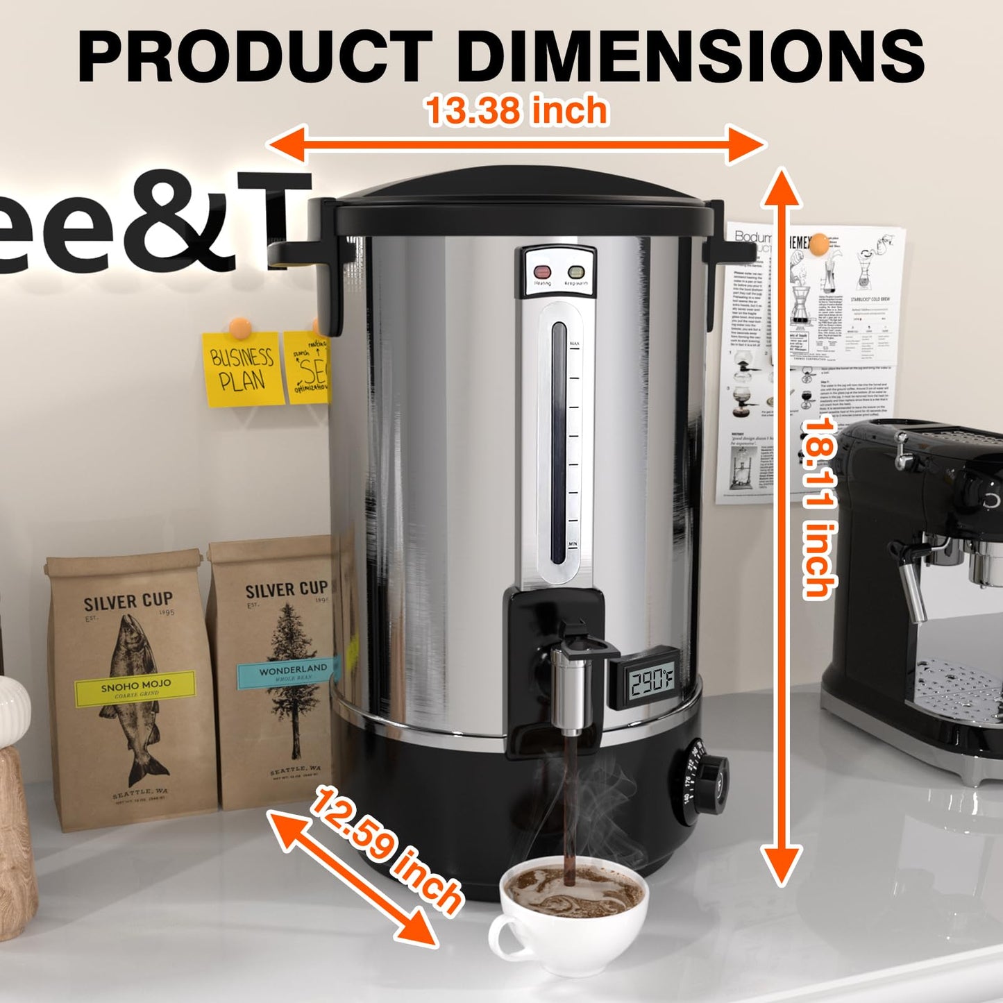 Commercial Coffee Urn，110 Cups/16.5L Stainless Steel Large Coffee Dispenser，Double Wall Electric Coffee Urn，Electric Coffee Maker Urn，Commercial Grade Percolate Coffee Maker Hot Water Urn for Catering