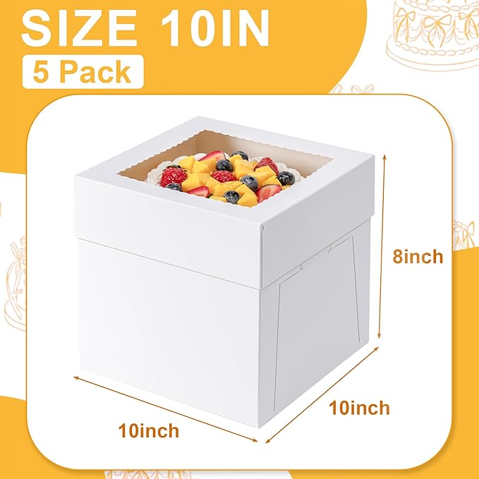 5 Pack Cake Boxes 10 Inch, 10x10x8 Inches Tall Cake Large Box, Disposable Cakes Transport Containers with Lids, Bakery Boxes with Large Window, for Cookies Pies Cupcakes Pastry-Wedding,Birthday, Party