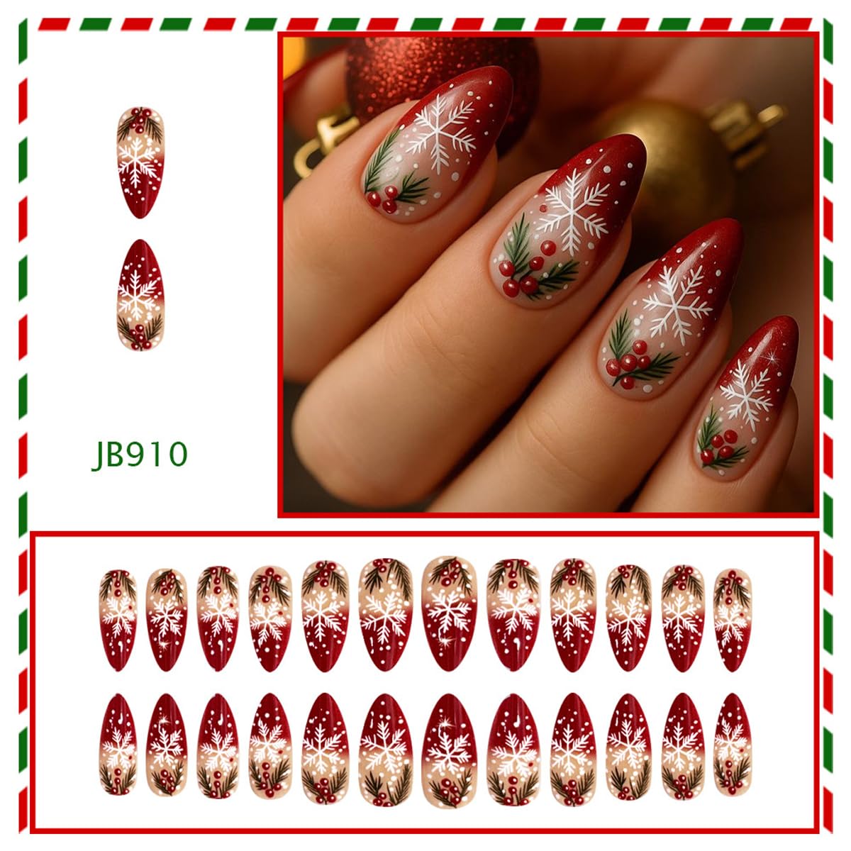 Red French Tip Christmas Press On Nails Medium Almond Fake Nails Snowflake With Holly Leaf Design Xmas False Nail Acrylic Glossy Reusable Stick On Nail Winter Glue On Nails For Women Girls 24pcs