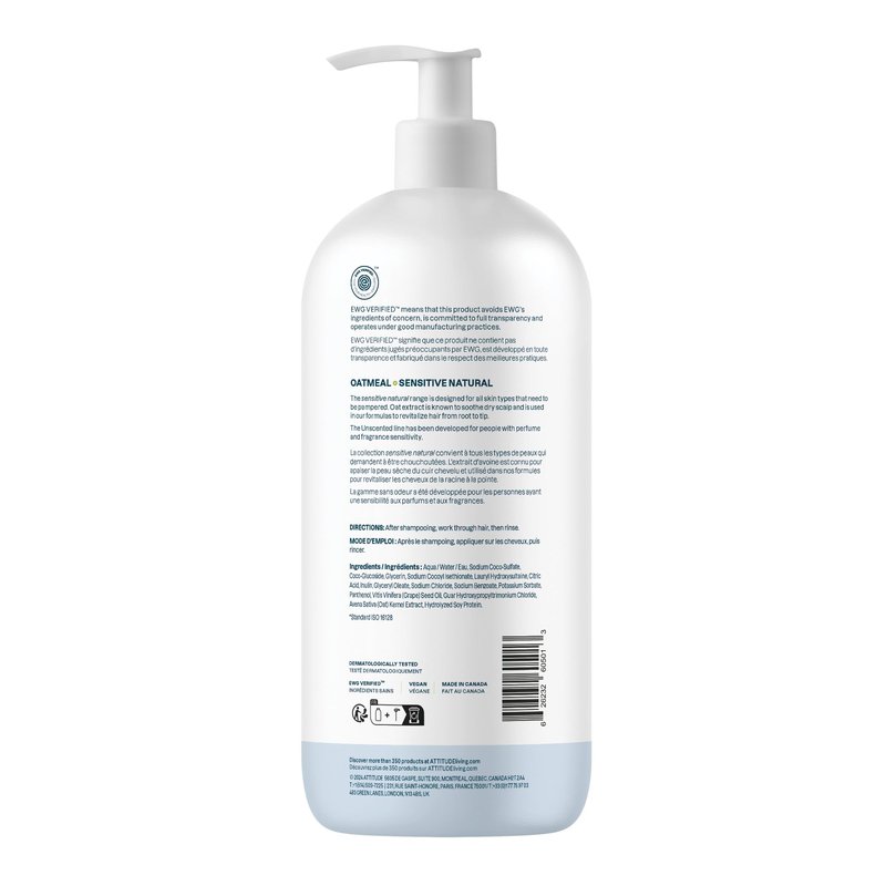 ATTITUDE Hair Shampoo for Sensitive Dry Scalp, EWG Verified, Soothing Oat, For Thin Hair, Naturally Derived Ingredients, Vegan and Plant-Based, Volume and Shine, Unscented, 32 Fl Oz