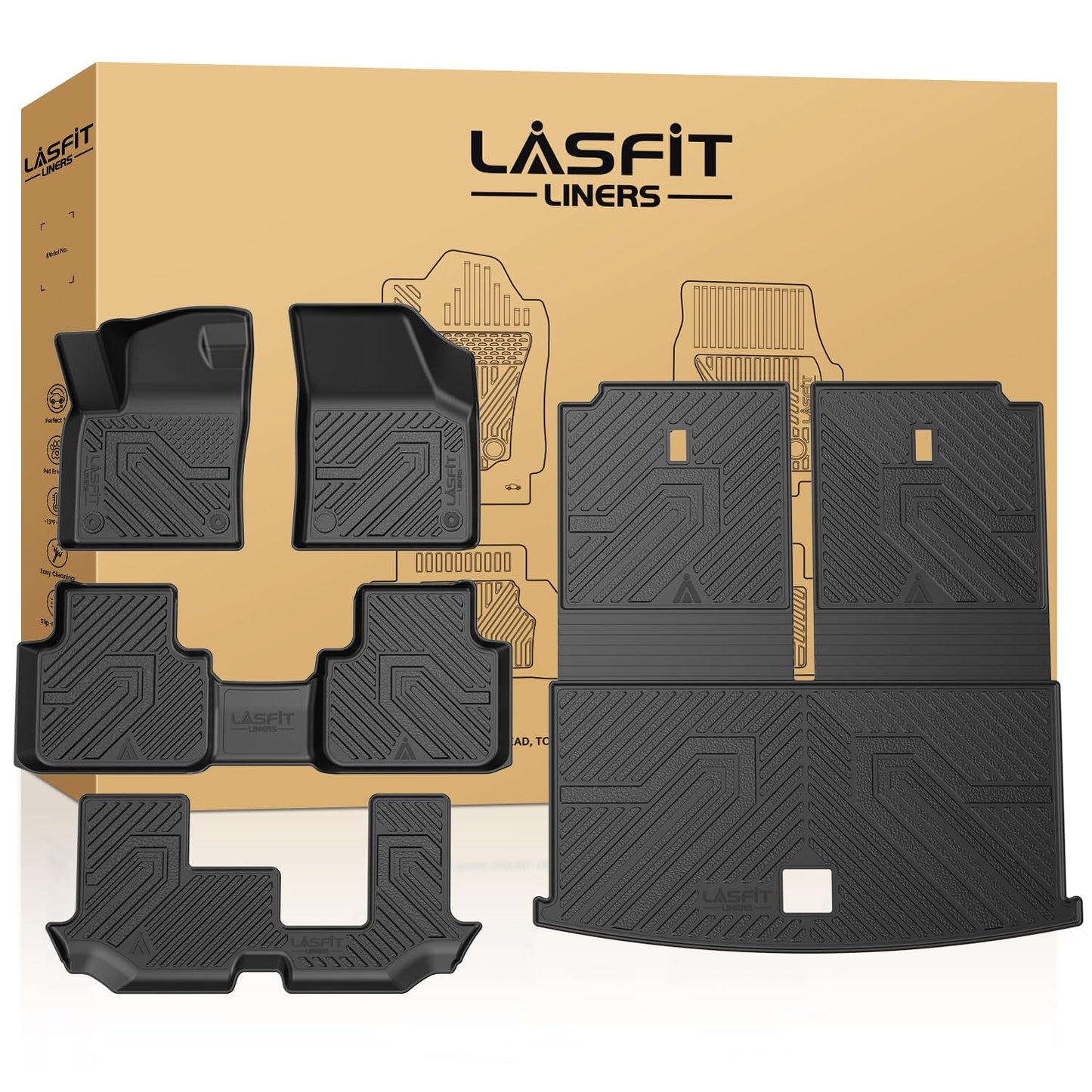 LASFIT Floor Mats for Volkswagen VW Atlas 2019-2026 7 Seats(Bench Seating), All Weather TPE Custom Fit 3 Rows Floor Liners and Backrest & Trunk Mats for VW Atlas Accessories Full Set Car Mats, Black