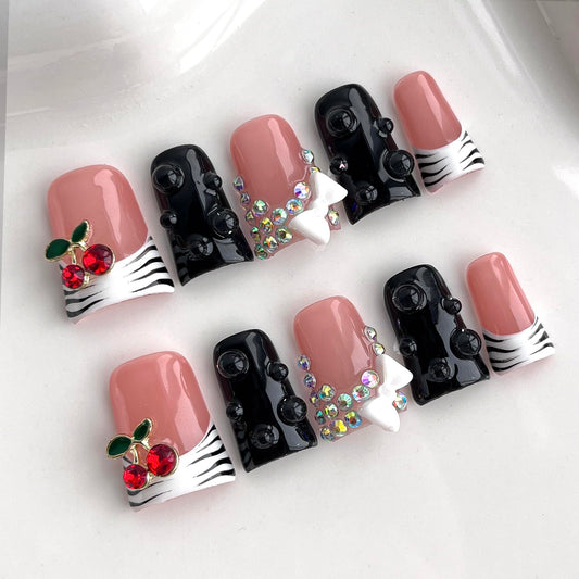 French Tip Press on Nails Handmade Short Duck 3D Thick Acrylic Nails Black&White False Nails with Bow Cherry Rhinestones Butterfly Zebra Print Designs Cute Fake Nail Sturdy Art Press on Nail 10Pcs(S)