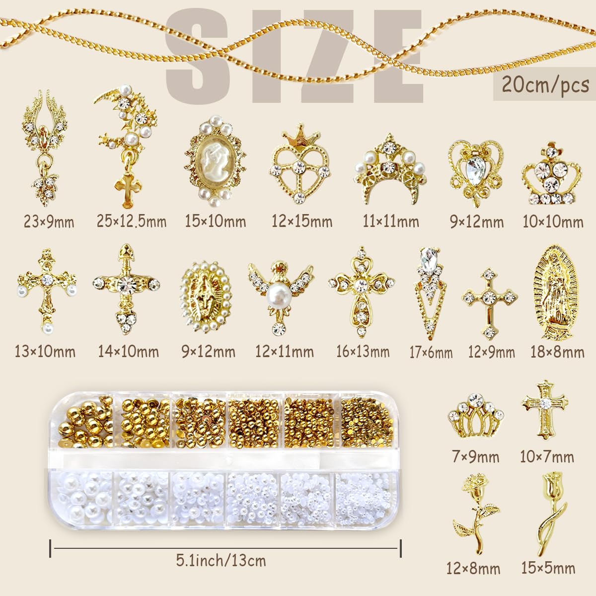 3D Luxury Gold Cross Nail Charms, Flat Back Pearls Bead Crafting, Rhinestones Nail Charms Y2k Cute Crown Star Moon Heart Flower Virgin Mary Angel Dangle Gem Charms Nail Art Nail Chains Bulk