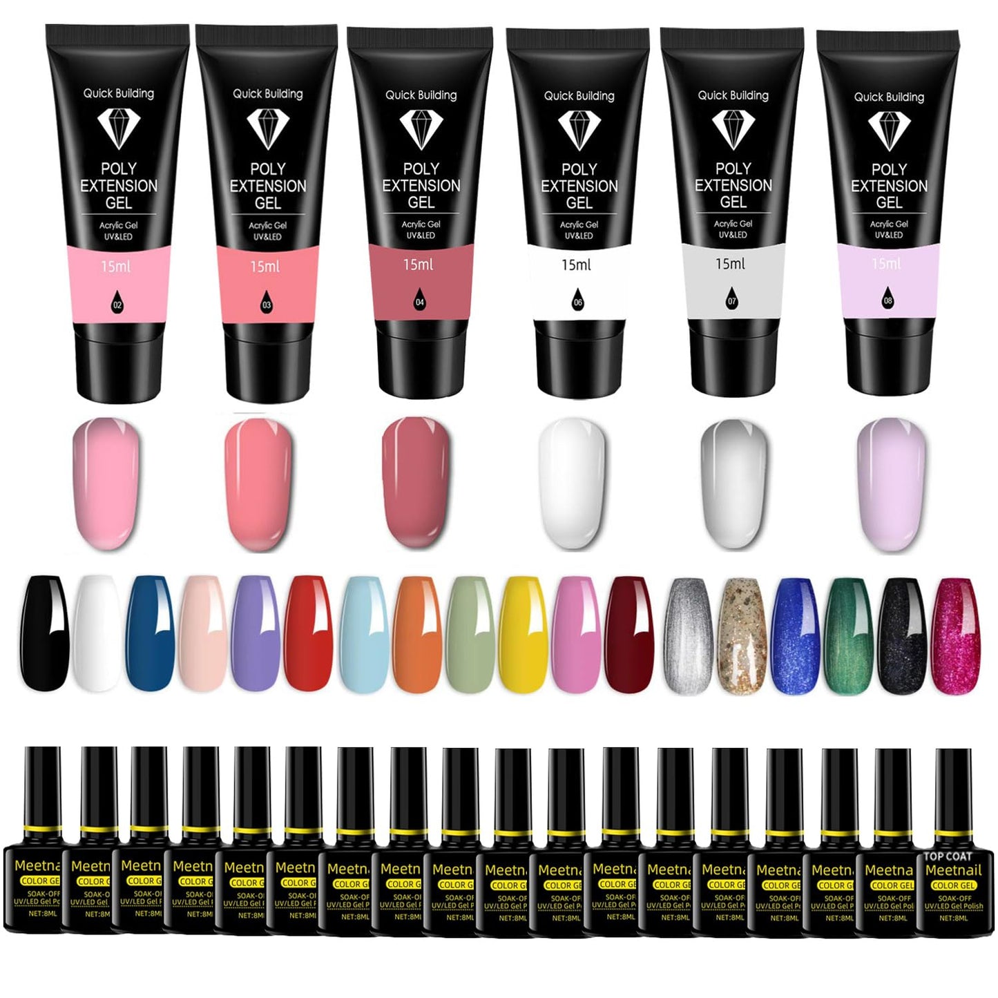 MeiBoes Gel Nail Polish Kit with 48W UV Lamp, 22pcs nail polish with Base Coat and Top coat, 6 Colors Extension Poly Nail Gel set，Nail Drill & More,Professional Manicure Tool for Home DIY Salon