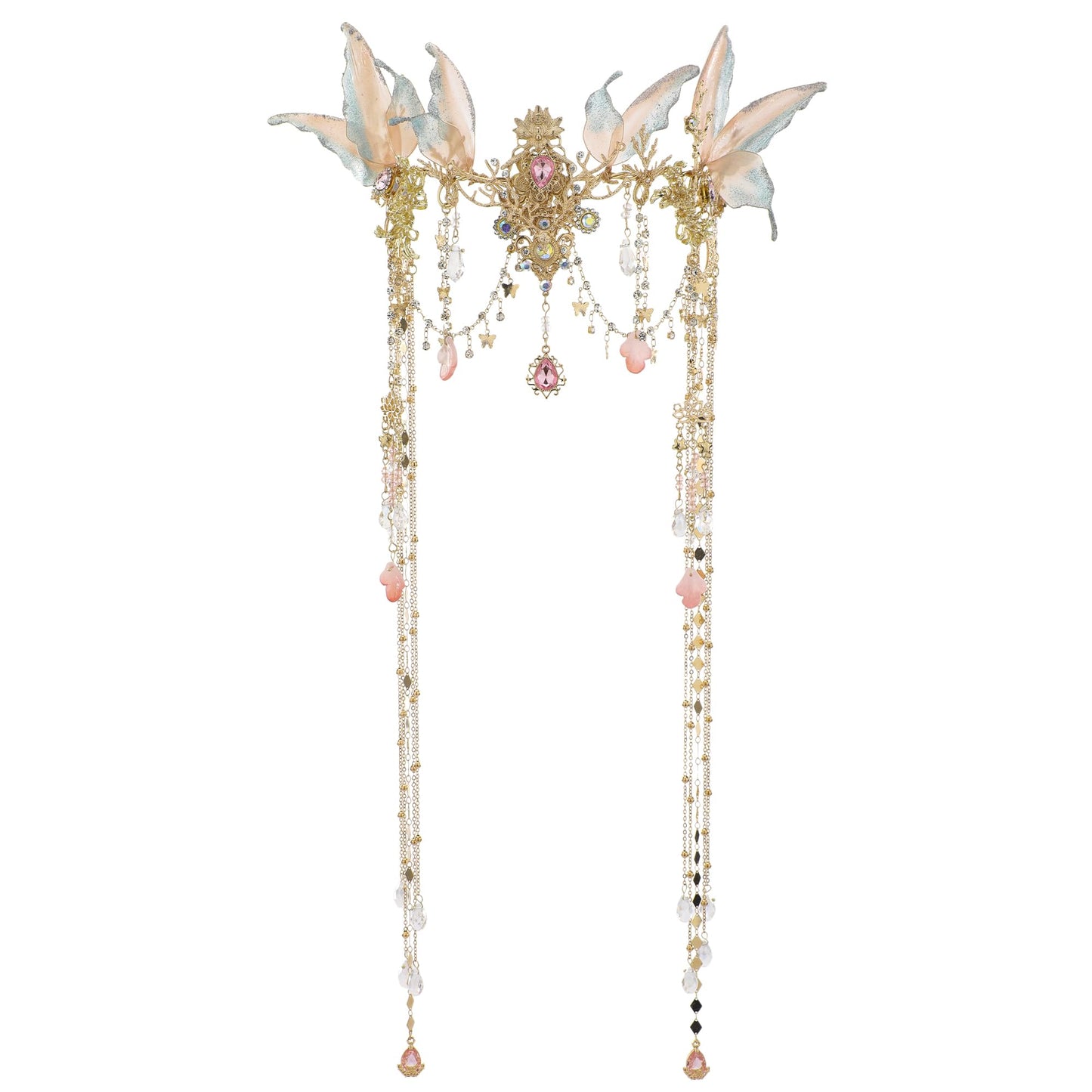 FRESHME Renaissance Butterfly Elf Fairy Crown - Fairy Headband with Pink Butterfly Wings Elf Headpiece with Tassel Elven Tiara Wedding Renfaire Dress Up Cosplay Christmas Accessories for Women