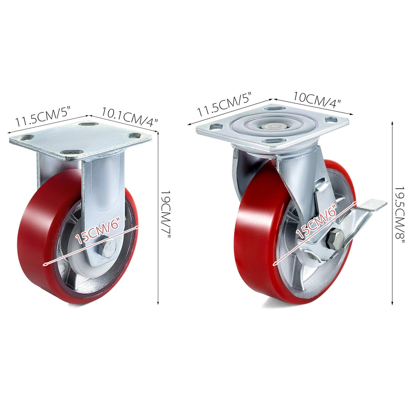 VEVOR Caster Wheels Set of 4, 6" Heavy Duty Casters (2 Rigid and 2 Swivel Casters with Side Brake) Polyurethane Iron Core Plate 4000LBS Capacity"