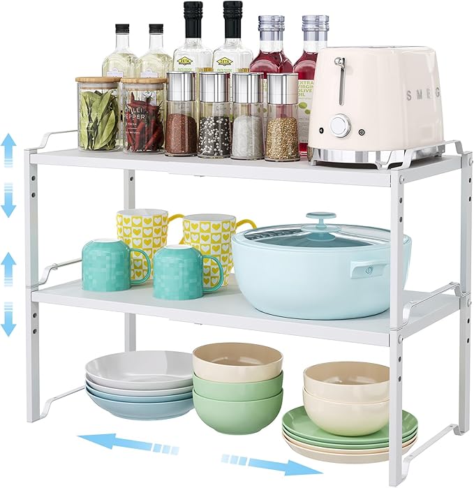 2 Pack 11â Width Expandable Kitchen Cabinet Organizer Shelves, Heavy Duty Kitchen Countertop Organizers and Storage Rack, Stackable Metal Small Storage Shelf For Pantry Counter Cupboard Organization