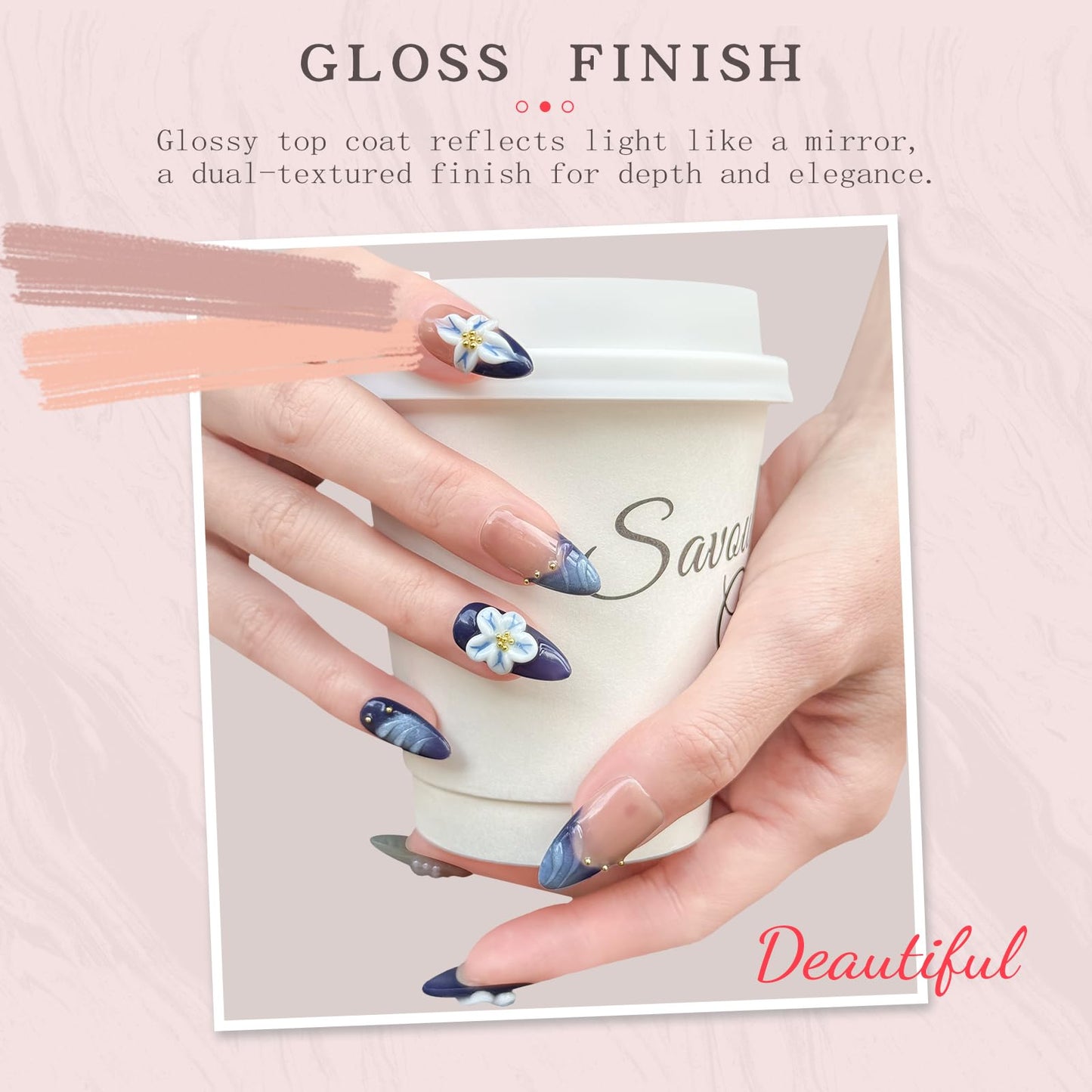Handmade Press-On Nails – Medium Almond Thick Acrylic Gel Nails, Reusable 3D Flower False Nails, Gradient Blue French Tip Manicure – Salon-Quality DIY Nail Art(10PCS-S)