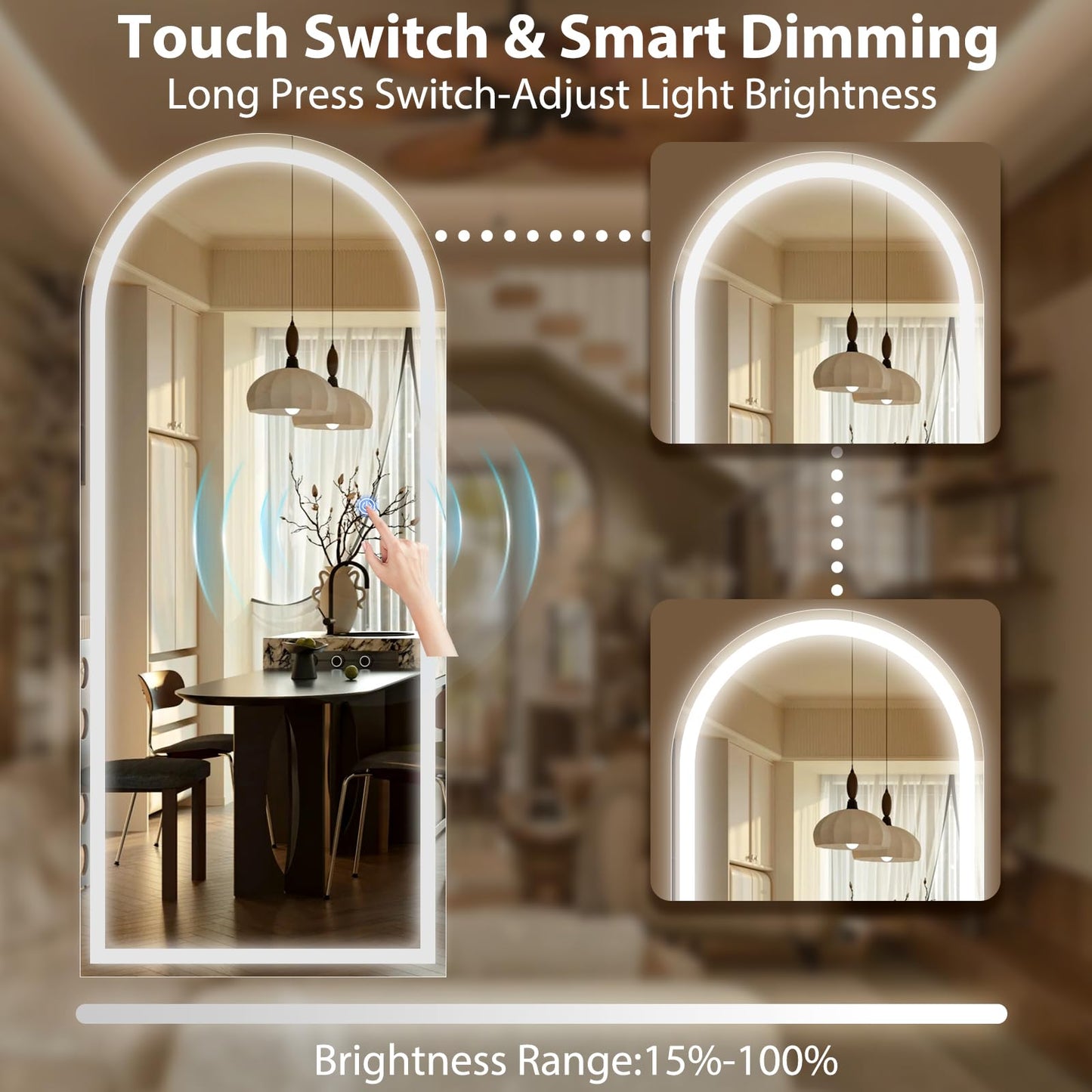 GLSLAND 34"x76" Arched LED Full Length Mirror with Lights Wall Mounted/Standing, Dimmable Floor Lighted Mirrors W/Anti-Fog, Touch Control for Bedroom, Dressing Room