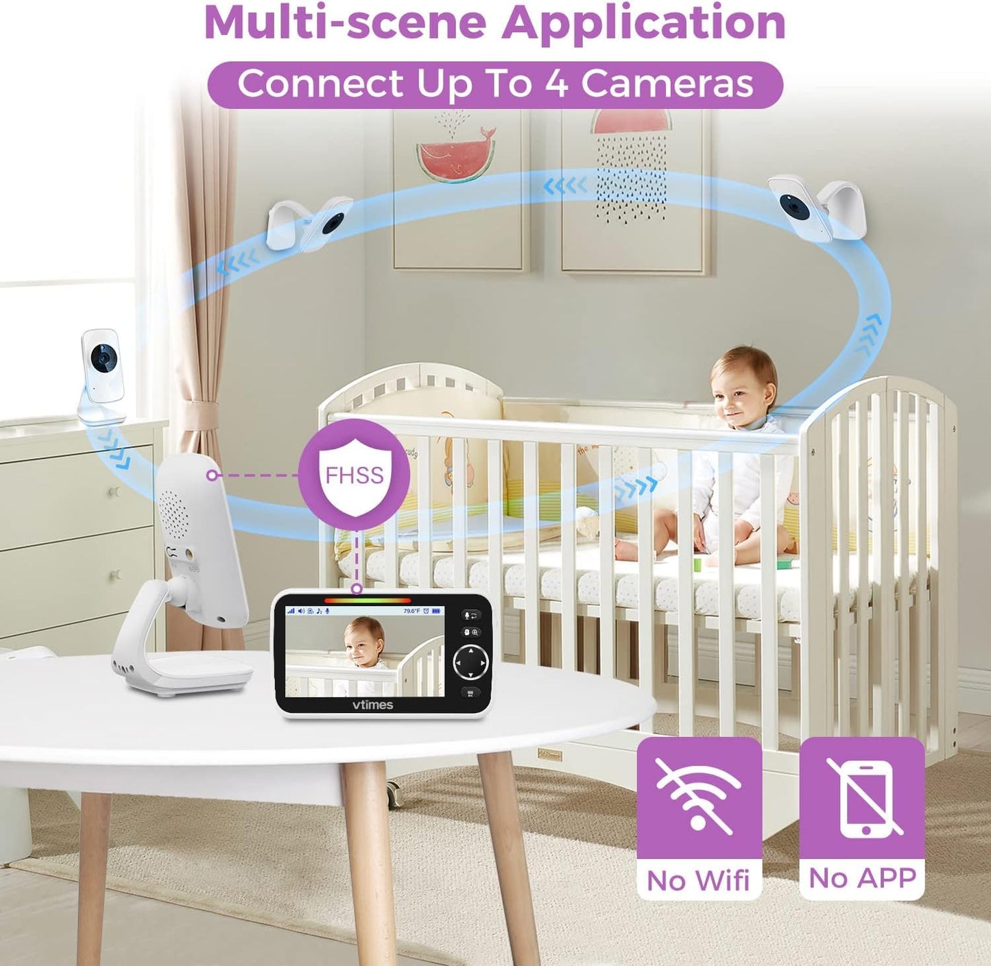 VTimes 5" LCD Screen Video Baby Monitor with Camera and Audio No WiFi, Two Way Audio, Night Vision,1000ft Range, 2X Zoom Temperature Display, Alarm, Lullaby for Baby Elderly Pet