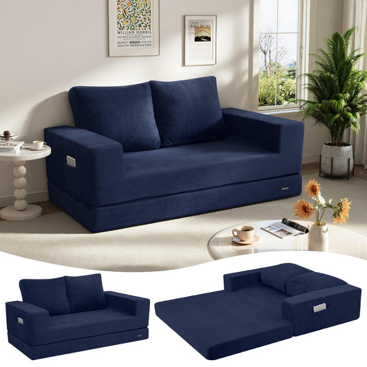 COMAX Convertible Sofa Bed Queen, Folding Fold Out Couch Bed, Floor Futon Couch Corduroy with Back Pillows, Boneless Sofa Comfy Lounge Sleeper Mattress Loveseat for Living Room Bedroom, Navy Blue