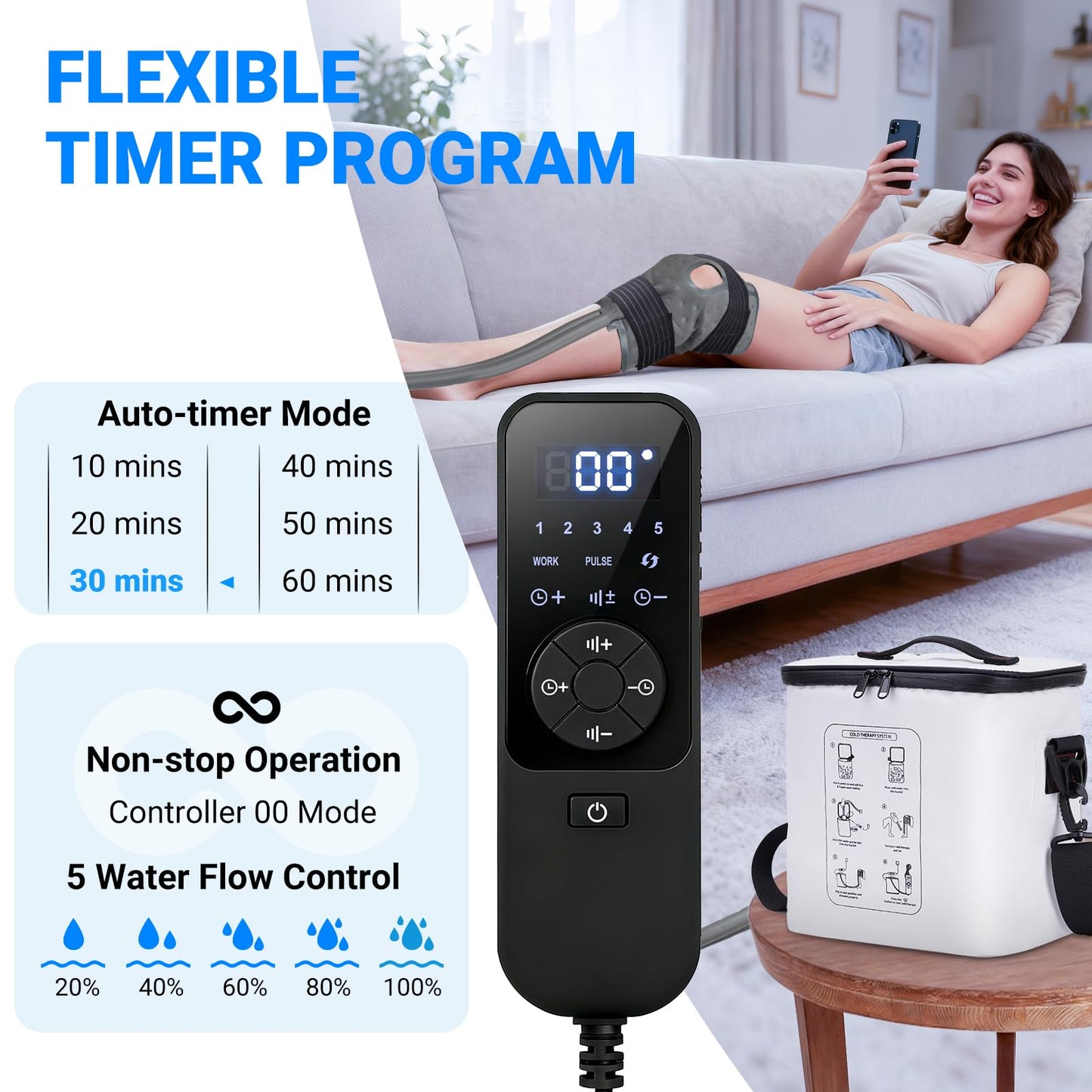 Ice Machine for Knee After Surgery - Programmable Cold Therapy Machine, Portable Ice Therapy with Quiet Pump, Digital Timer, 12Hrs Cooling for Knee Replacement Recovery & Sports Injury Pain Relief