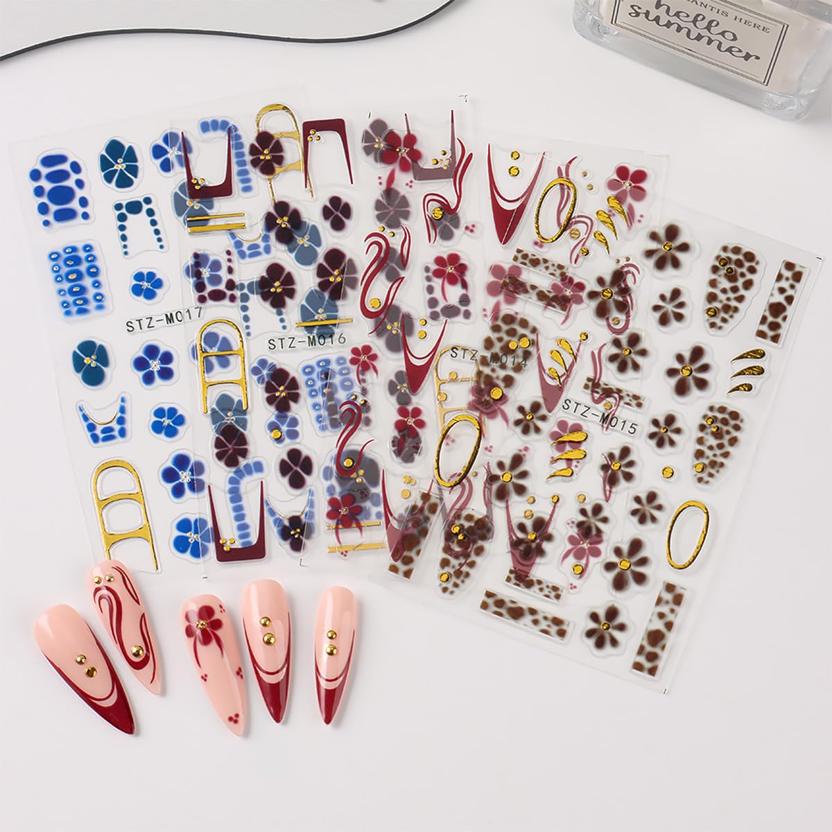 4 Sheet Flower Nail Art Stickers Golden Gilding French Design Nail Stickers 3D Self-Adhesive Exquisite Line Nail Decals Leopard Print Nail Art Decals Fall Flower Nail Supply for Women DIY Manicure