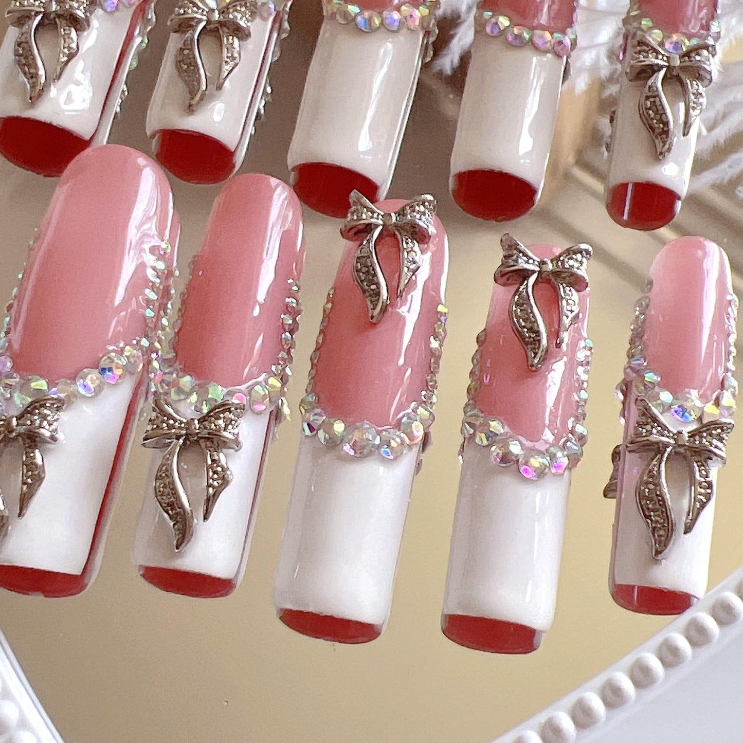 NAIL ANGEL 10PCS/SET Glamorous Handmade Press on nails Glitter Rhinestone with Metal 3D Bow Charms Long Coffin Nails Party Nails XXL Long Artifical Tips ZJ-08 (Multi-Color, ZJ-08-M)