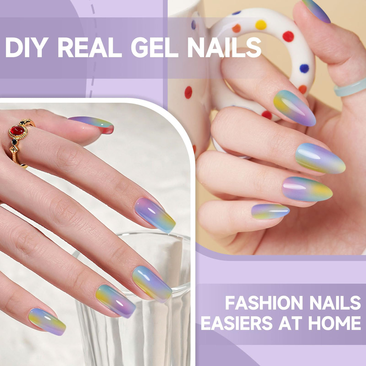 DUKASOU Semi Cured Gel Nail Strips,28 Pcs Gel Nail Stickers/Wraps(Colorful Aurora),Long Lasting Polish Stickers UV Cure,Works with UV Lamp,Easy to Apply