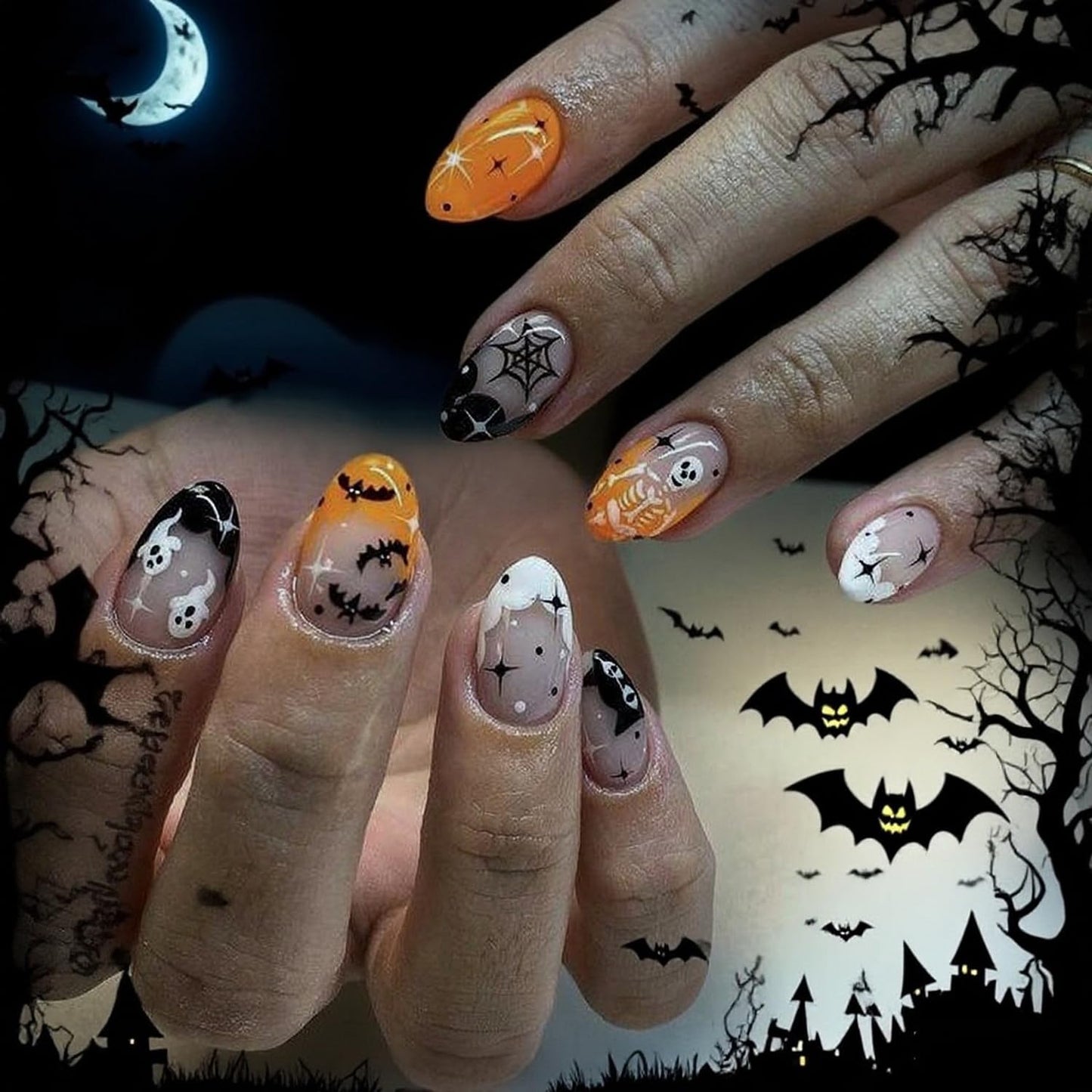 24pcs Cute Halloween Press on Nails Short Round Fake Nails French Tip Press ones Skeleton Ghost Star designs Stick on Nail Full Cover Halloween False Nails for Women Glue on Nail
