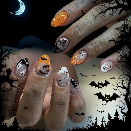 24pcs Cute Halloween Press on Nails Short Round Fake Nails French Tip Press ones Skeleton Ghost Star designs Stick on Nail Full Cover Halloween False Nails for Women Glue on Nail