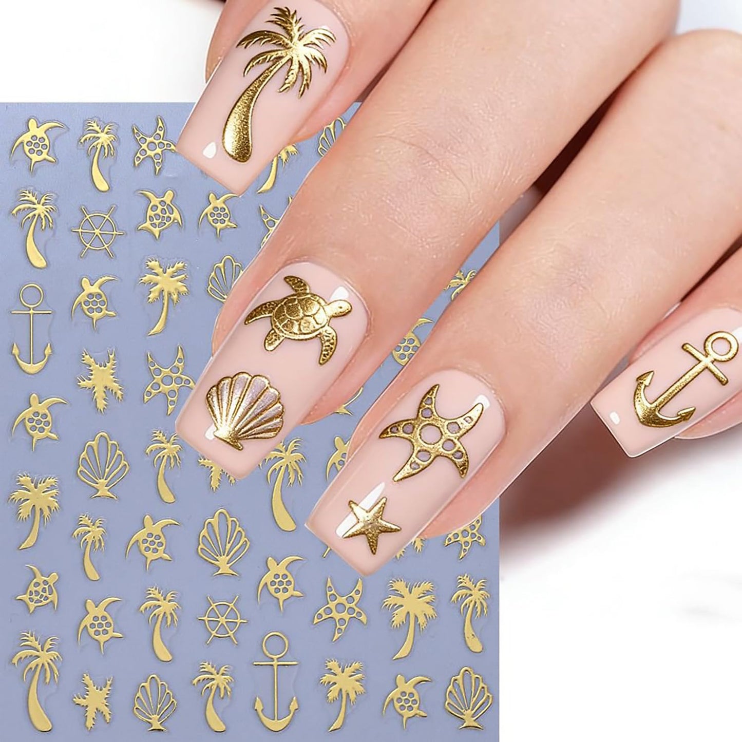 CJDLTS 6 Sheets Gold & Silver Ocean Nail Art Stickers 3D Self -Adhesive Coconut Tree Seashell Nail Decals Holographic Sea Turtles and Starfish Nails Stickers for Women Nails Decoration Supplies