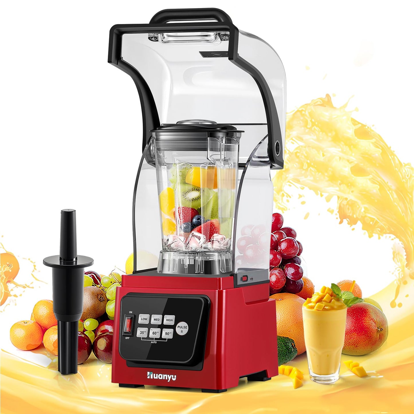 Huanyu Commercial Blender 2L 68OZ 2200W Quiet Professional Blenders with Sound Enclosure for Smoothies with Self-Cleaning Function Red