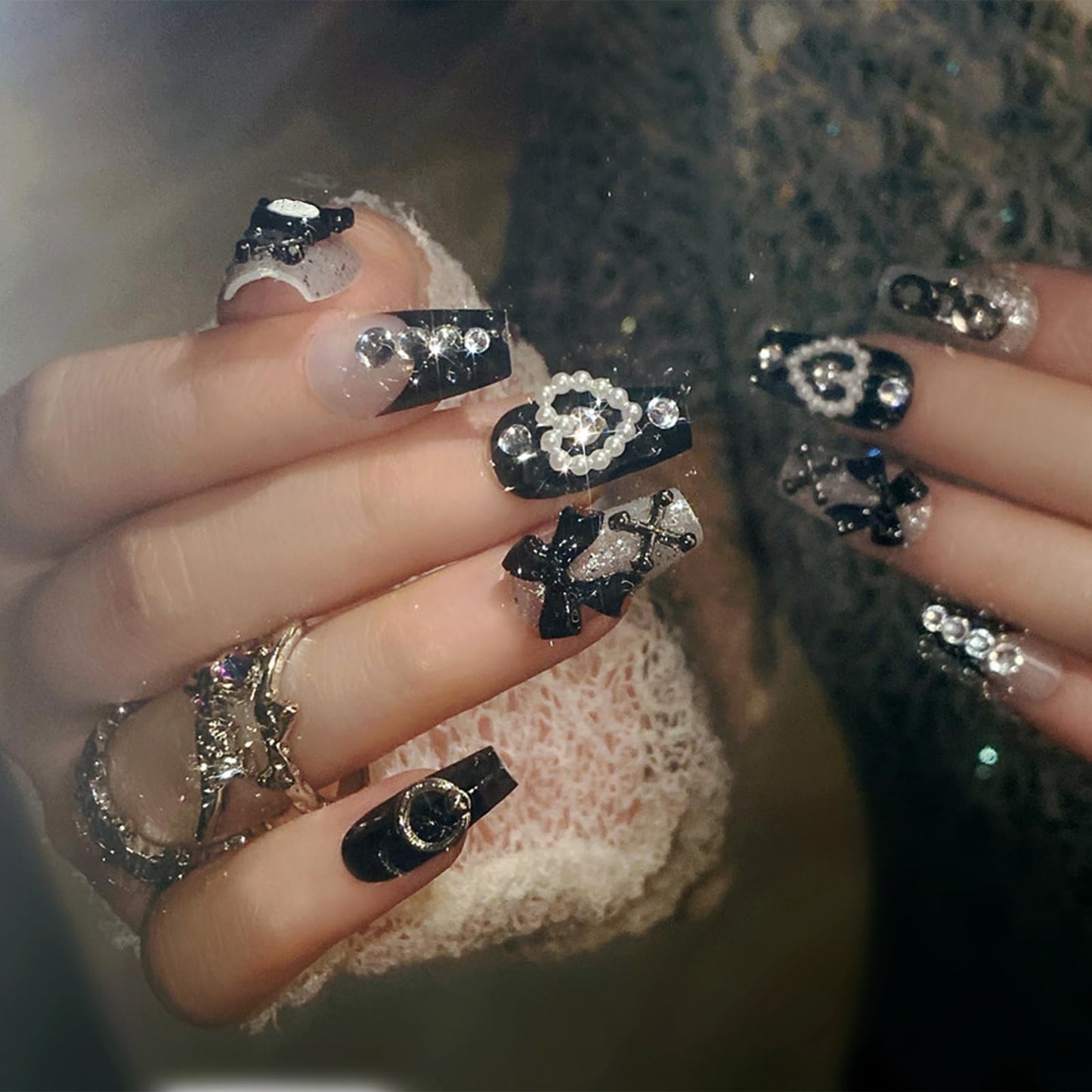 IMSOHOT Black Press on Nails Medium Coffin Fake Nails French Glossy Full Cover Y2K Bow & Rhinestone Designs Handmade Artificial Stick on Ballerina Nails for Women Girls 24Pcs