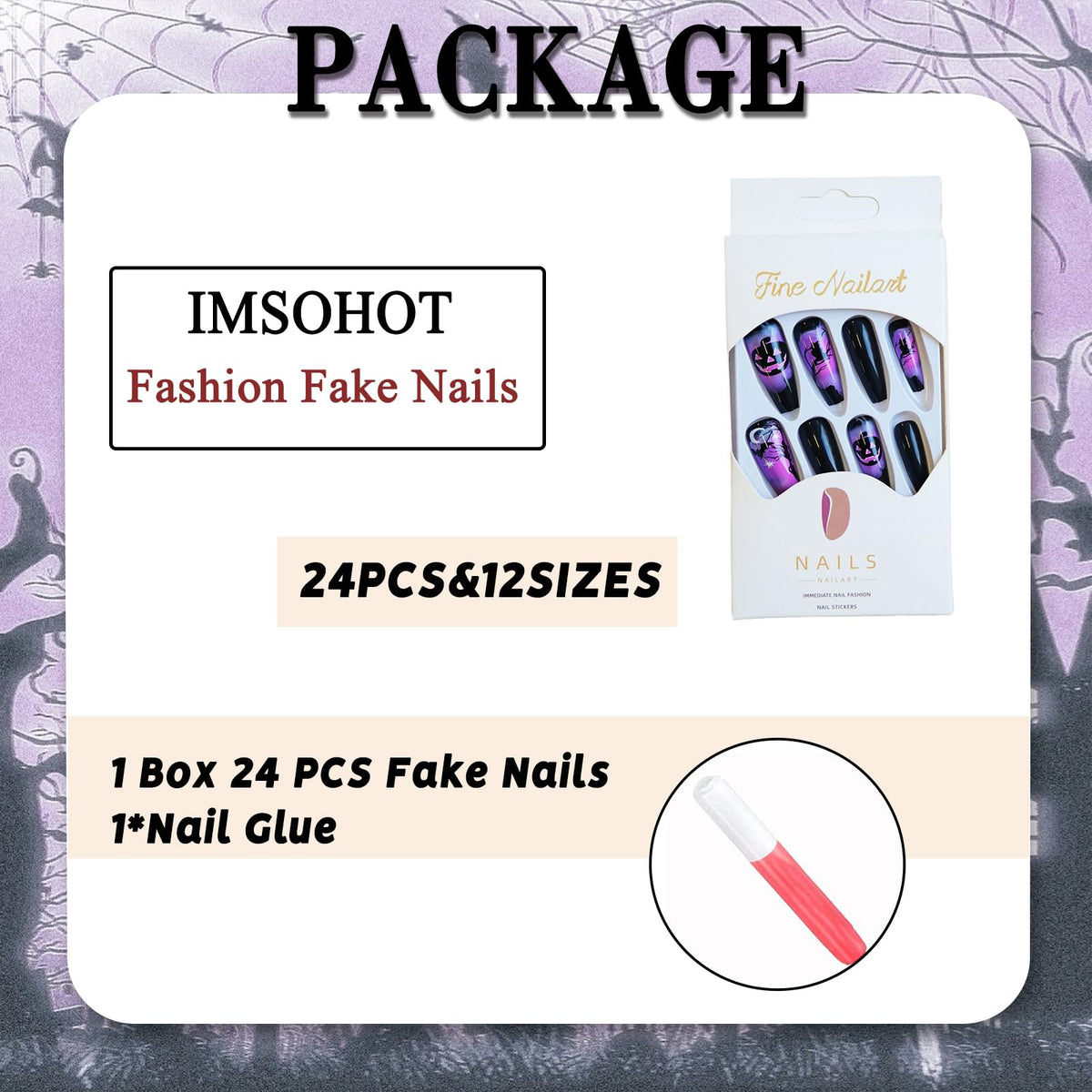 IMSOHOT Press on Nails Long Coffin Fake Nails Black Purple Ombre Glossy Full Cover Ballerina Acrylic False Nails with Pumpkins Designs for Women 24Pcs Stick on Nails