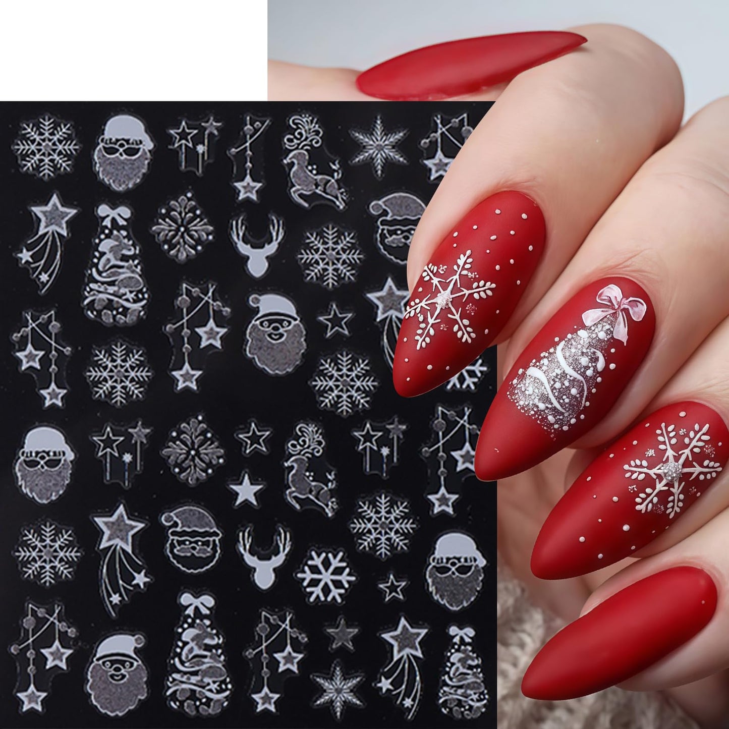 9 Sheets Glitter Christmas Nail Art Stickers Snowflake Christmas Tree Nail Decals 3D Self-Adhesive Bow Snowball Santa Claus Nail Design DIY Christmas Nail Supplies Star Elk Nail Decoration for Women