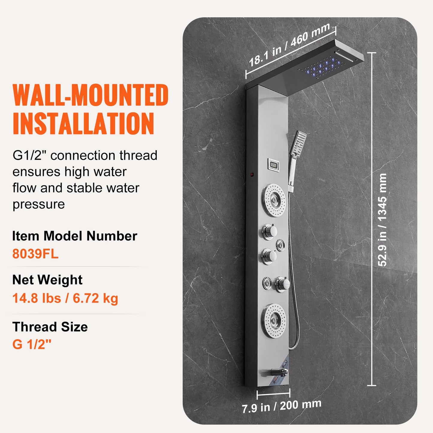 VEVOR Shower Panel Tower System, 6 Shower Modes, LED & Display Shower Panel, Rainfall, Waterfall, 4 Body Massage Jets, Tub Spout, Handheld Shower Head 59" Hose, Stainless Steel Wall-Mounted Shower Set