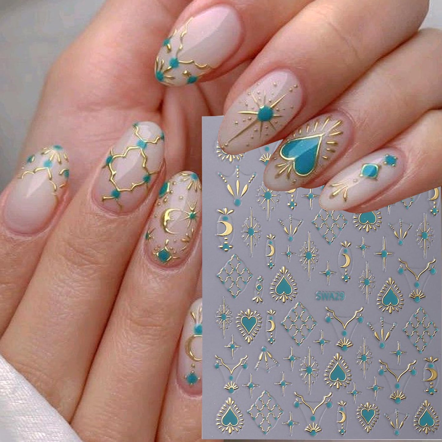 Gold Silver Nail Art Stickers Decals,4Pcs 3D Retro Sun Love Totem Star Moon Heart Designs, Stars Metallic Nail Supplies Embossed Self-Adhesive Slider Stickers for Women's DIY Manicure Decoration