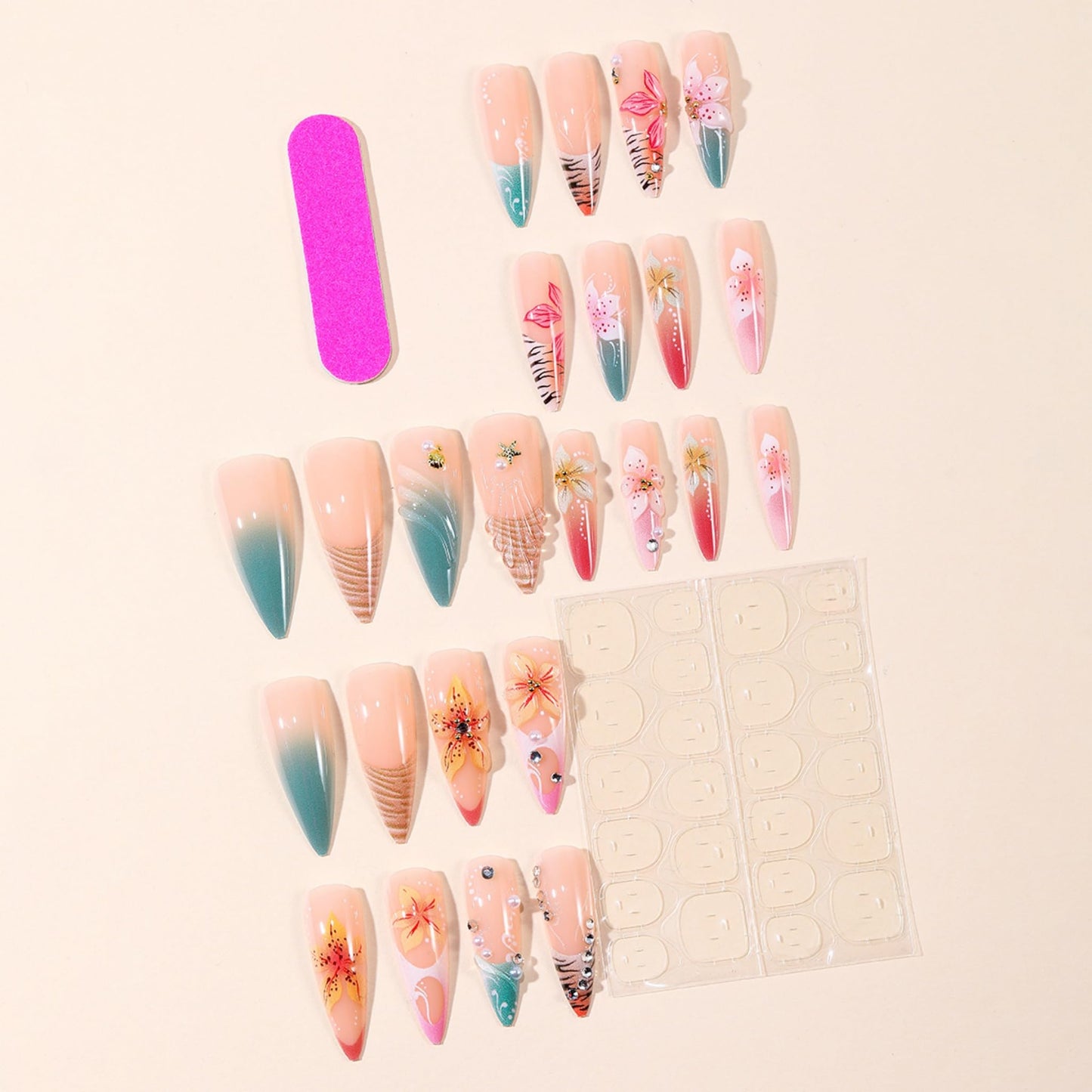 Long Press on Nails Almond Fake Nails Colorful Artificial Nail 3D Pink Flowers and Pearl Designs Summer Beach Stick on Nail for Women 24pcs