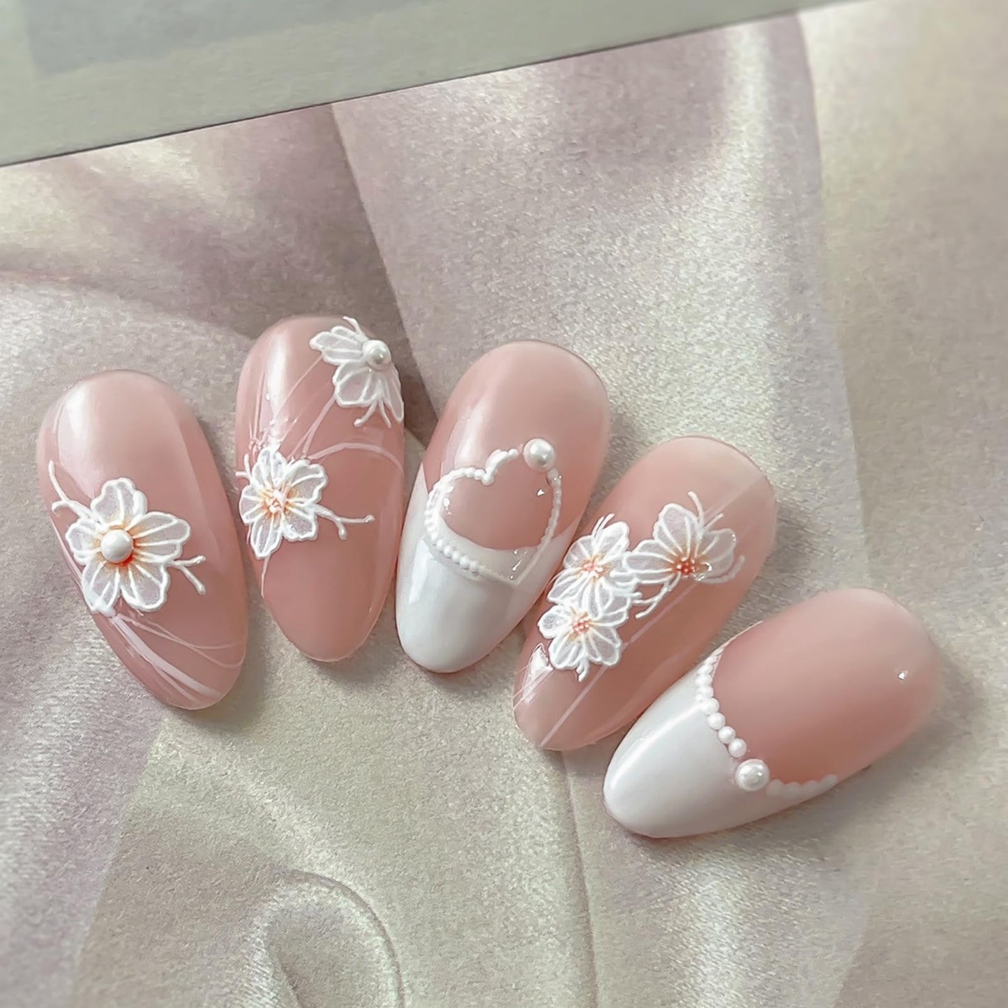 Flower Nail Stickers for Nail Art White Floral Nail Art Stickers 5D Embossed Self-Adhesive with Pearl Design Nails Charms Supplies for Women Girls