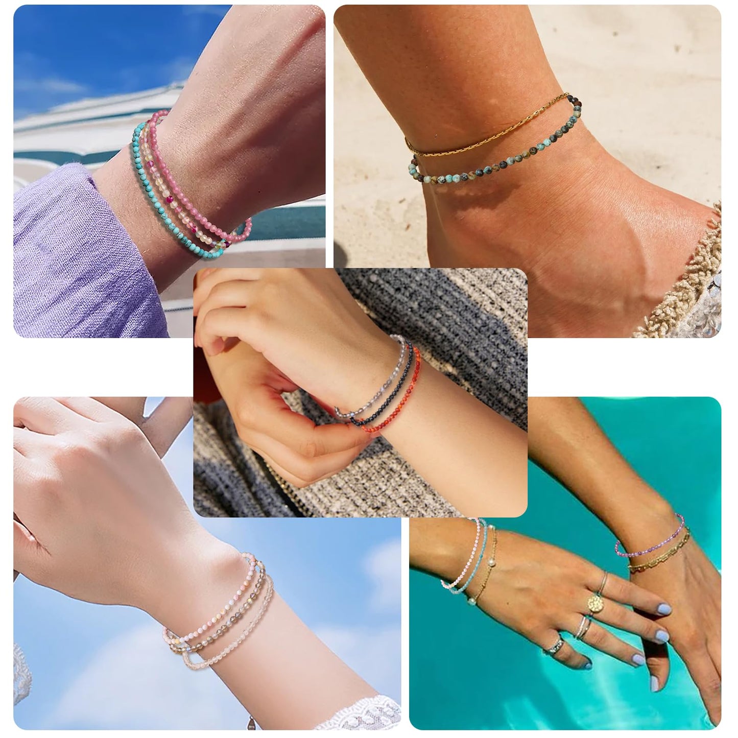 BONNY BOXX Natural Genuine Gemstone Faceted Round Beads Bracelets, 3mm Adjustable Stretchy Tiny Faceted Aquamarine Bracelet, Healing Crystal Reiki Chakra Dainty Jewelry Fashion Gifts