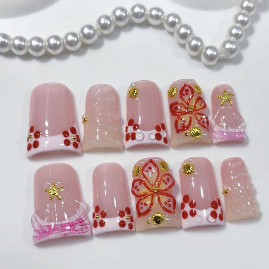 Haozerart Handmade Press on Nails Short Square Duck French Tip Fake Nails, Luxury Pink with 3D Flowers & Gold Rhinestones Glossy Cute False Nails for Women, 10 Pcs Size M