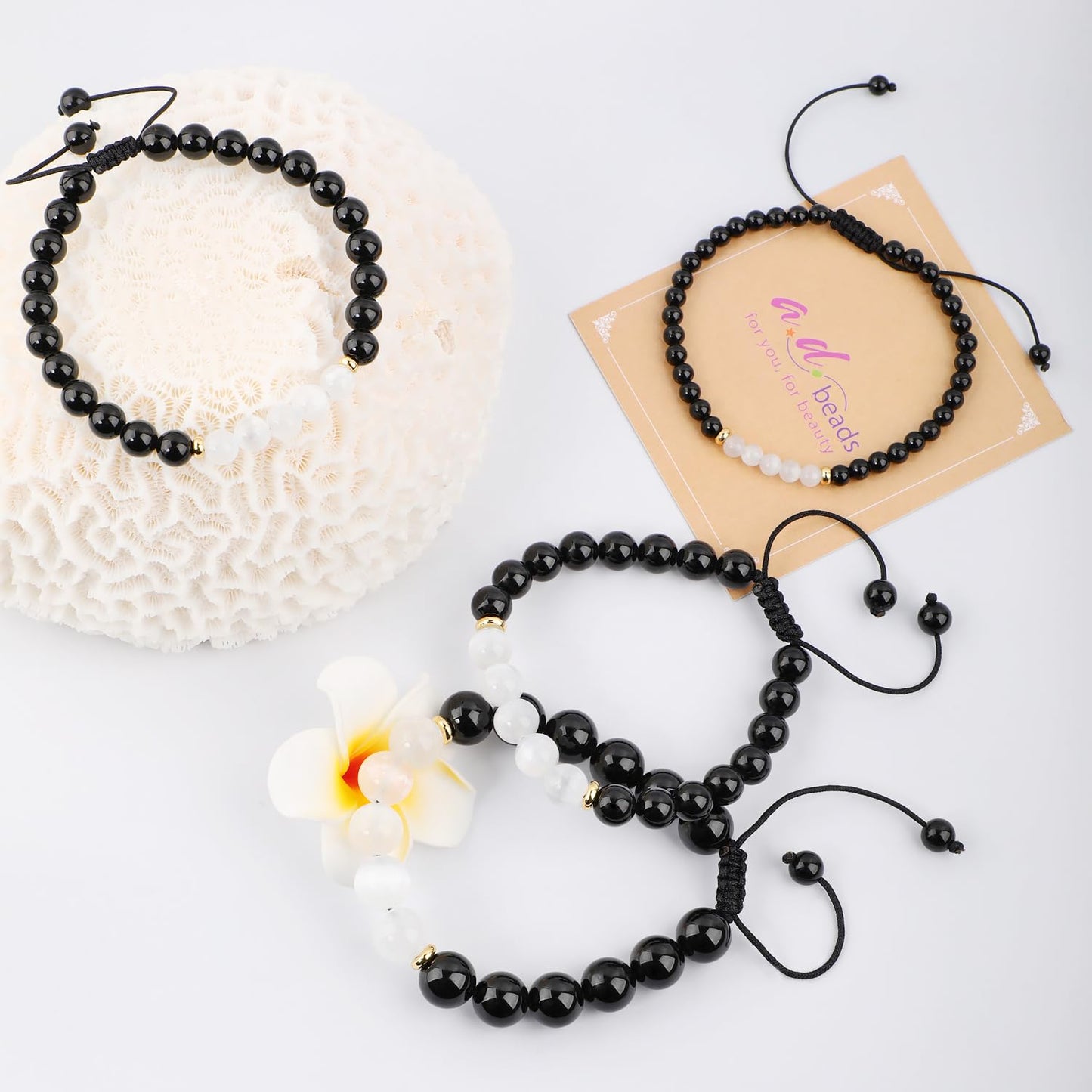 AD Beads 4mm Black tourmaline + Selenite Crystal - Double protection - Handmade Natural Stone Crystal Bracelet with Adjustable Macrame String - Yoga Healing Power Energy Gifts for Men and Women