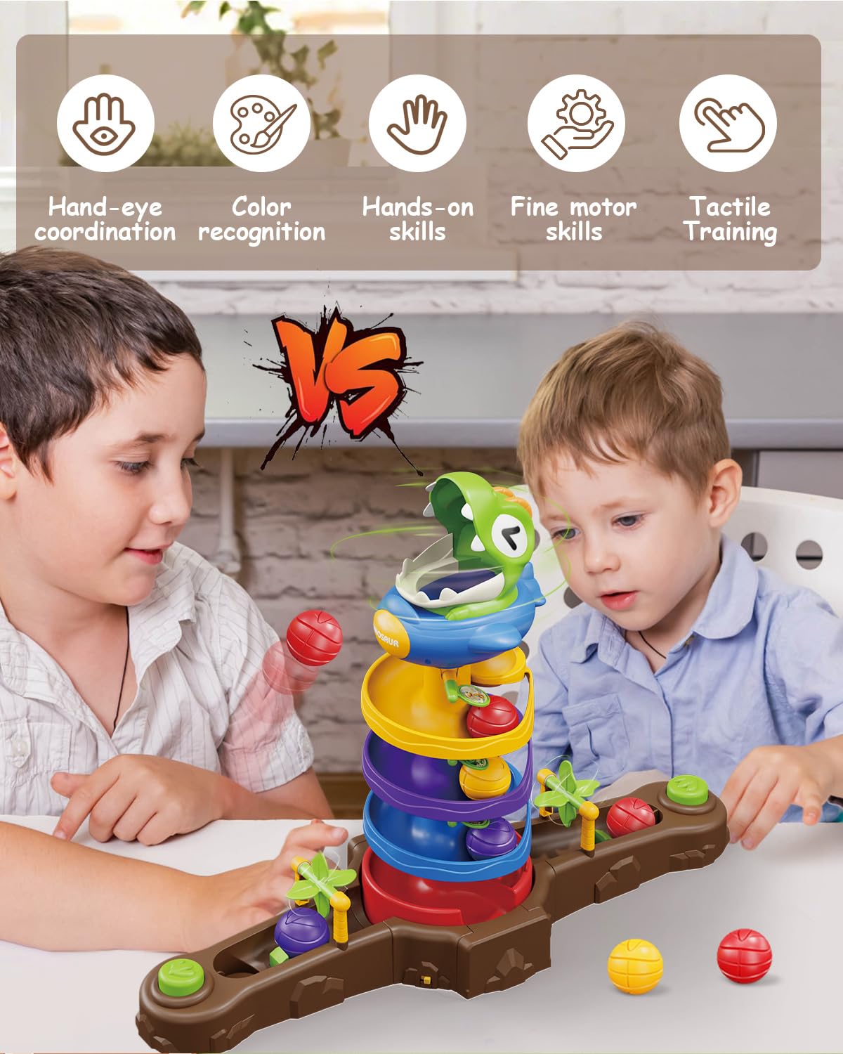 Dinosaur Ball Drop Toy for 3 4 5 6 7 8 Years Old Kids, Dino Spin Twister Toddlers Toy, Shoot Balls Toddler Montessori Toys Gifts for 3-6 Year Old Boys Girls, 2 Players PK Mode