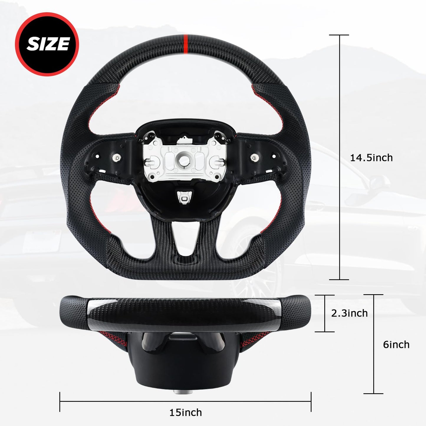 LOSCHEN Steering Wheel for Dodge, 3K Real Carbon Fiber Steering Wheel for Dodge/Jeep Grand Cherokee/SXT/GT/RT/SRT/HELLCAT, Perforated Leather Upgrade D-shaped Flat-bottom