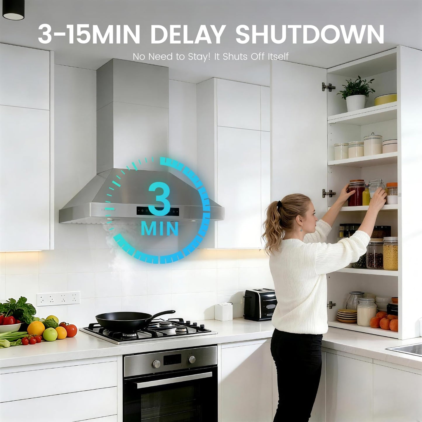 VENFAN 1200 CFM Wall Mount 30 Inch Range Hood – Stainless Steel Kitchen Vent Hood with Gesture Control, 8-Speed Fan, Delay Shut-Off Timer, Ducted/Ductless Convertible, Charcoal Filter Included