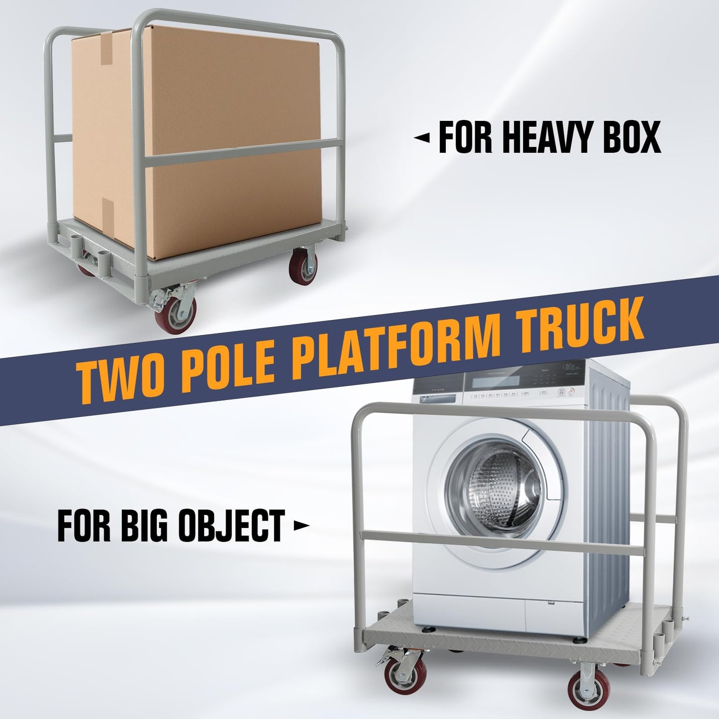 2-in-1 Heavy Duty Platform Truck Push Cart Dolly, Industrial Foldable Large Flatbed Cart with Wheels, 2 Side Handrails for Groceries, Garage, Warehouse Loading and Storage