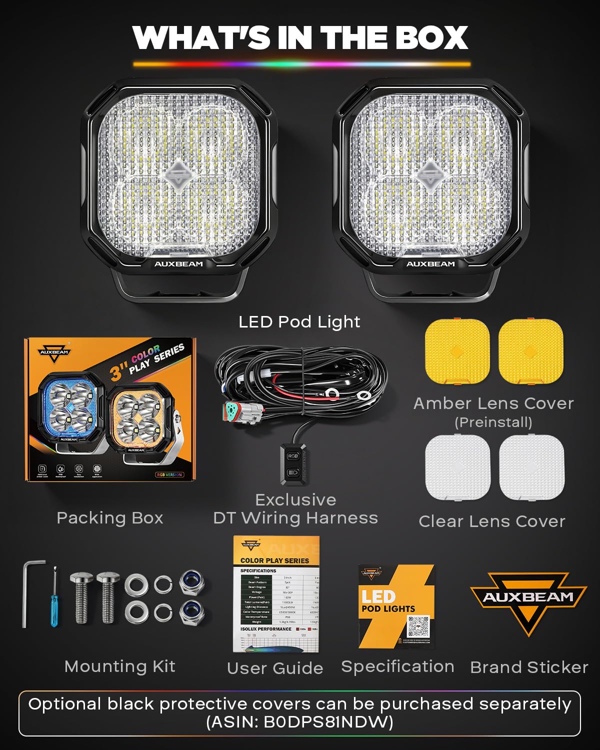 Auxbeam RGB Offroad LED Pod Lights 3 Inch 116W Flood Beam Ditch Lights 7 Colors Changing Gradient Backlights RGBW Multicolor Ambient Lighting with Covers, Color Play Series